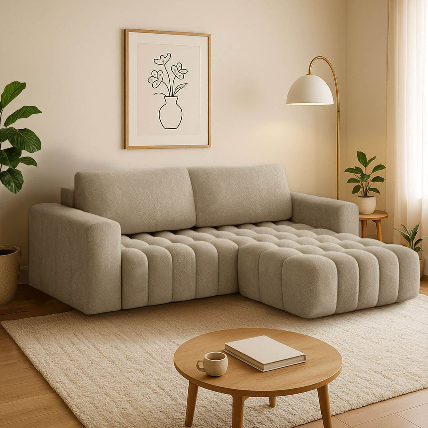 Narożnik z Funkcją Spania BONETT Rozkładany Prawostronny Jasnobeżowy eltap.Bon_24