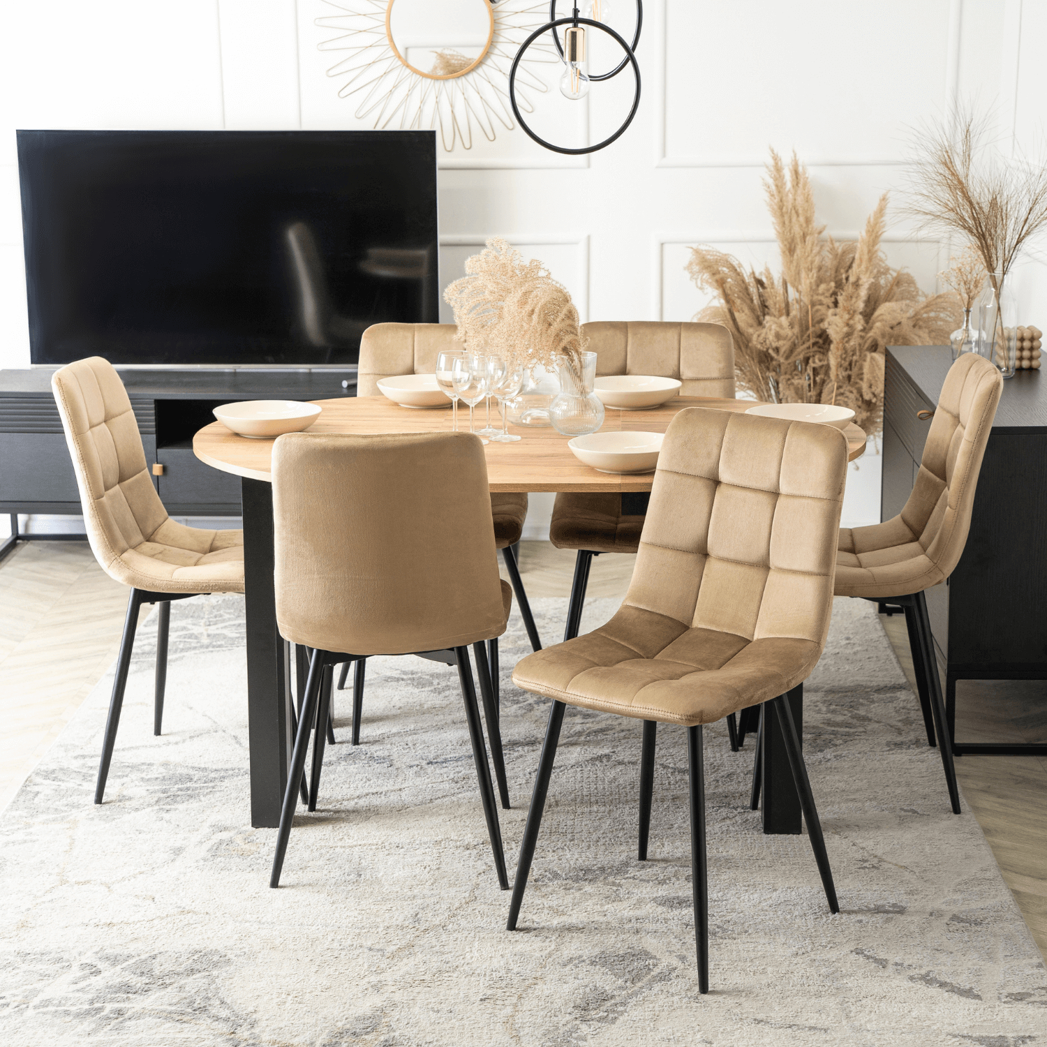 Zestaw Stół Okrągły Rozkładany HARRY 102-142 cm Dąb Artisan/Czarny i 6 Krzeseł Tapicerowanych PERU Beżowych Nowoczesnych W.HARRY/DA/CZ/S/PERU/BZ/V/Z6/