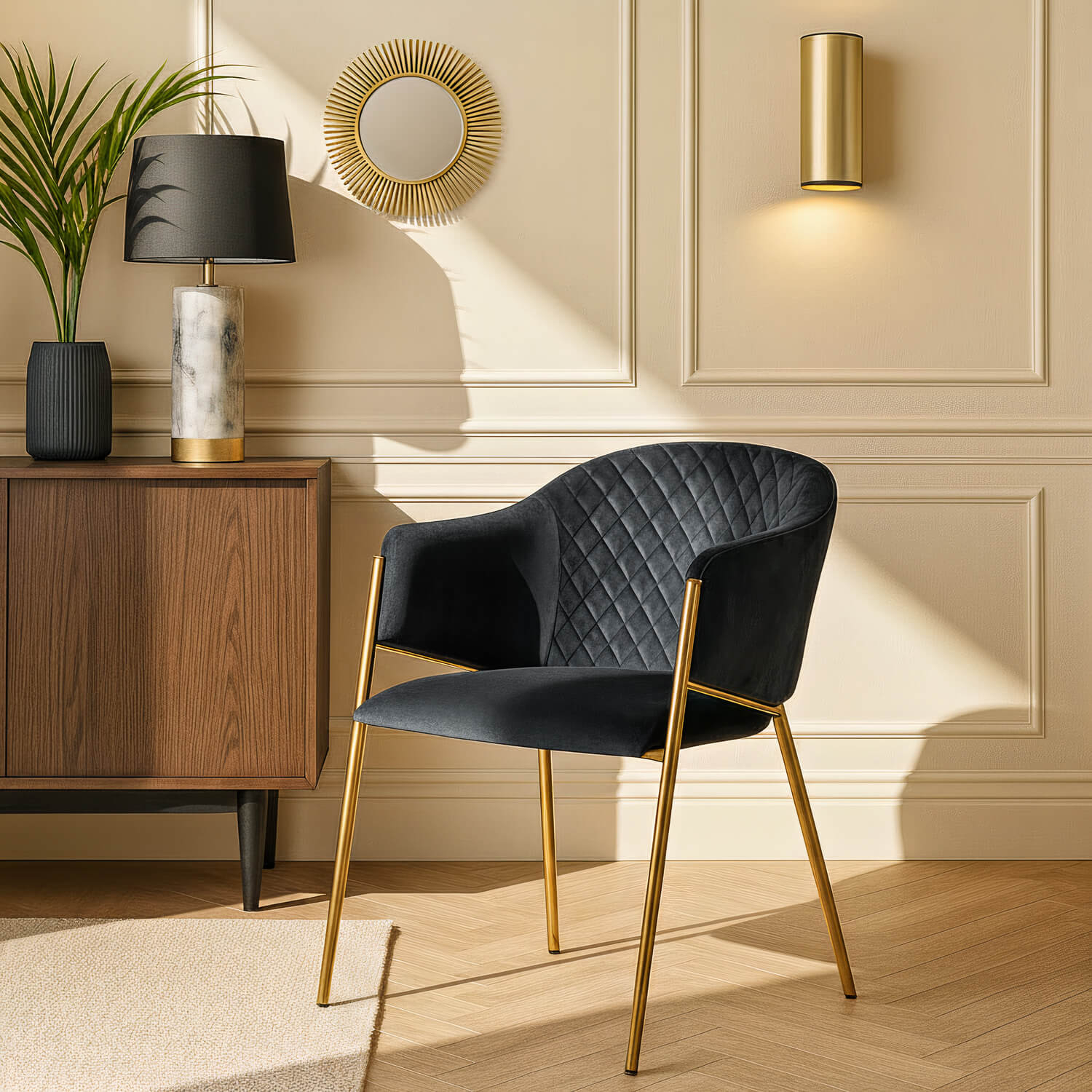 Krzesło Tapicerowane do Salonu INNES Czarne Welurowe Nowoczesne Glamour ME.INNES/CZ/ZL/V/K