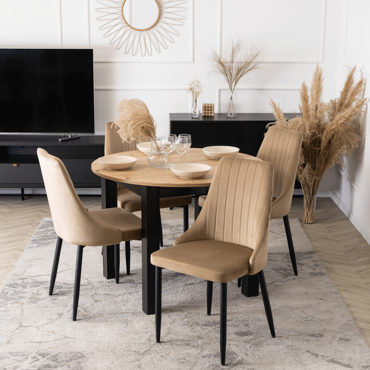 Zestaw Stół Okrągły Rozkładany HARRY 102-142 cm Dąb Artisan/Czarny i 4 Krzesła Tapicerowane BARI Beż Nowoczesne W.HARRY/DA/CZ/S/BARI/BZ/V/Z4/K