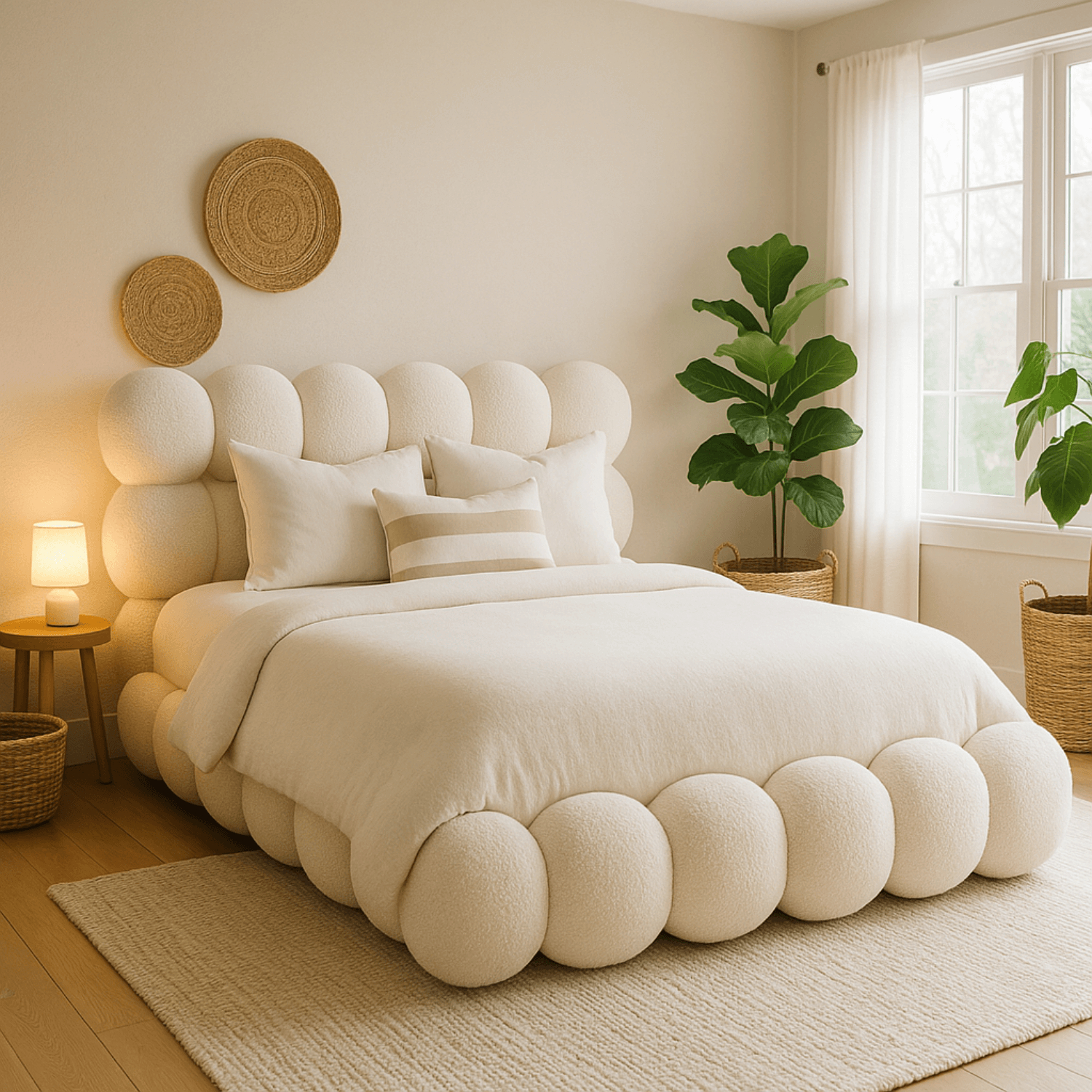 Łóżko Tapicerowane 160x200 cm ANKARA ze Stelażem i Pojemnikiem Dwuosobowe Boucle Kremowe ME.ANKARA/160/KR/TB/LOZZPOJ