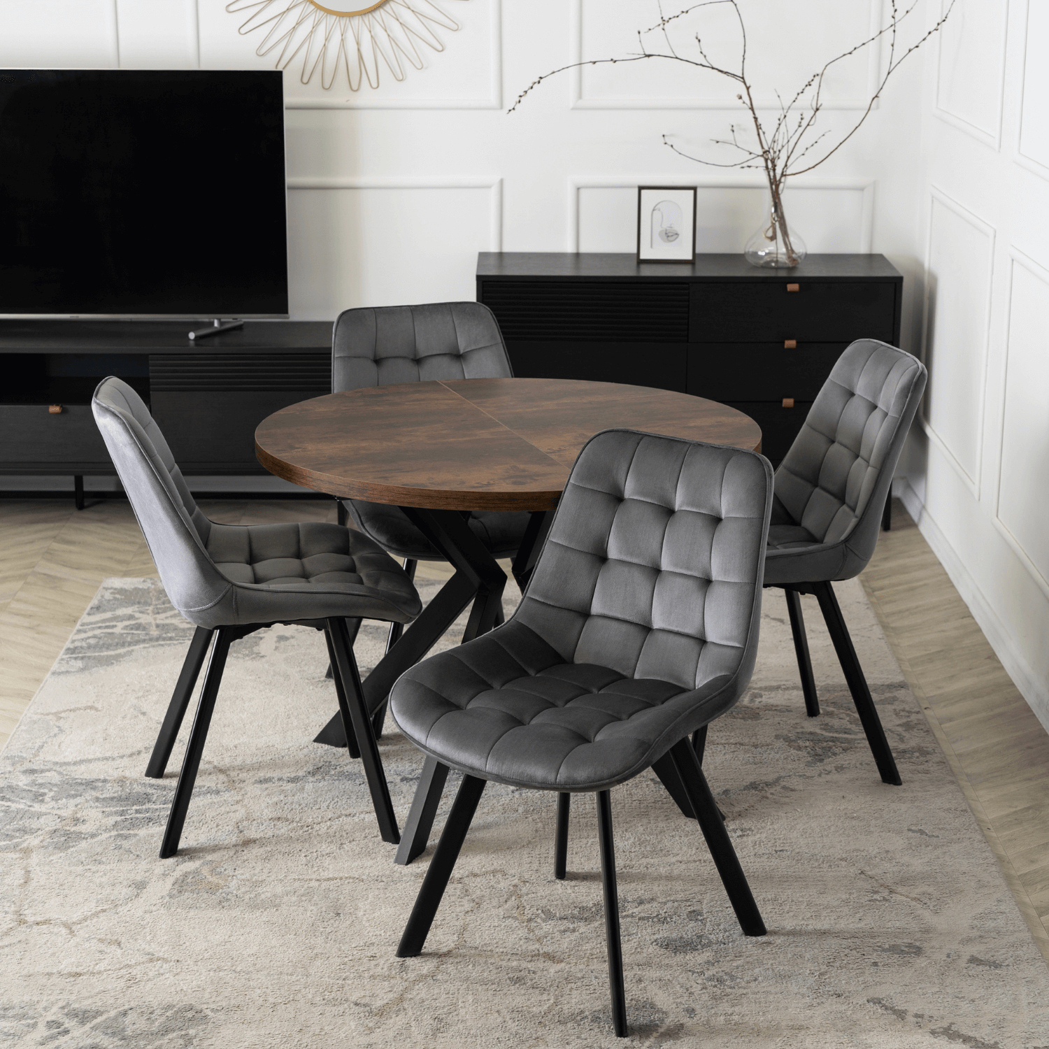 Zestaw Stół Okrągły Rozkładany LUKAS 100-250 cm Dąb Rustykalny/Czarny i 4 Krzesła Tapicerowane RICK Szare Welurowe Nowoczesne LUKAS/DRU/CZ/S/RICK/P/V/