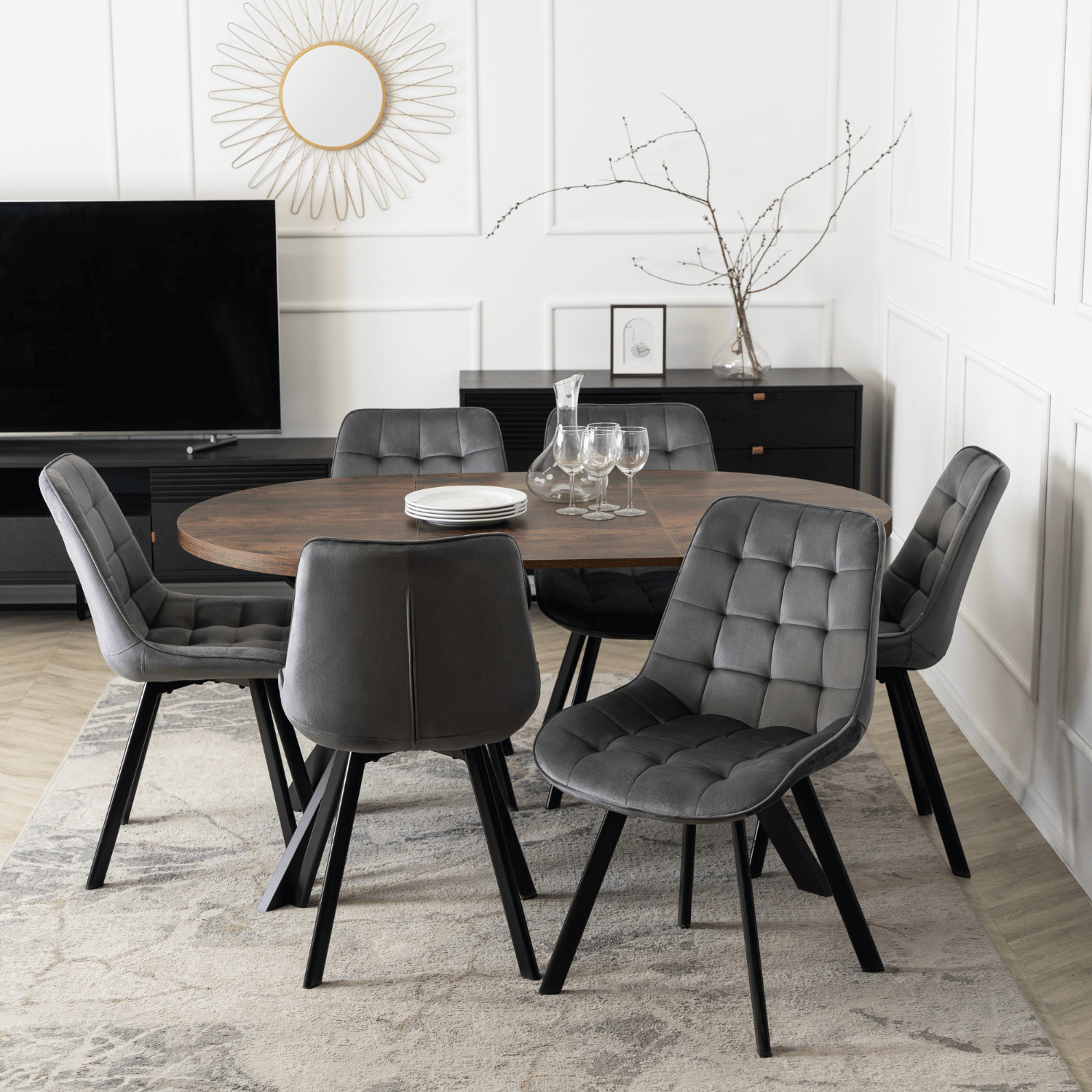 Zestaw Stół Okrągły Rozkładany LUKAS 100-250 cm Dąb Rustykalny/Czarny i 6 Krzeseł RICK Szarych Welurowych Nowoczesnych LUKAS/DRU/CZ/S/RICK/P/V/Z6/K