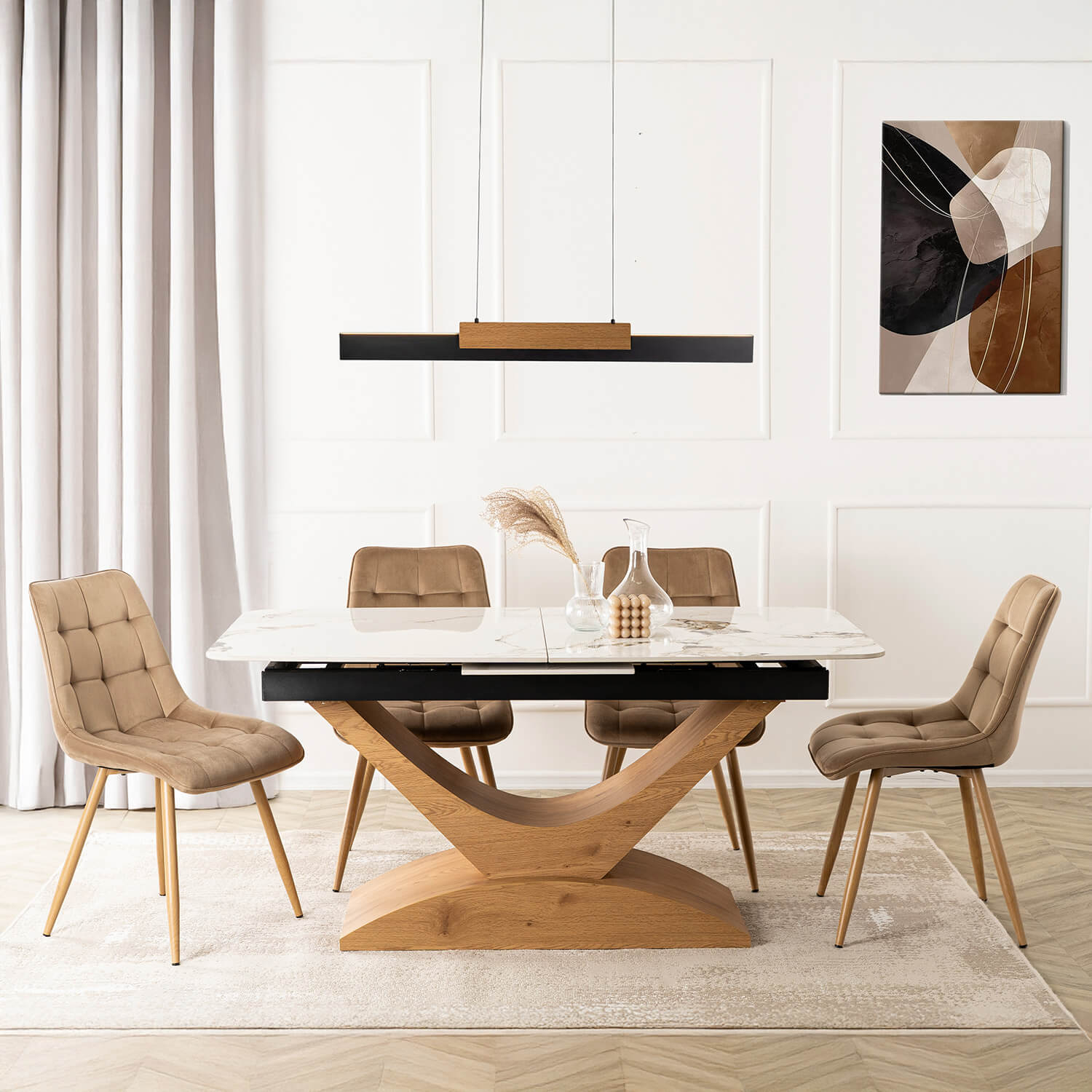 Zestaw Stół Rozkładany Ceramiczny ALICANTE 160-200 cm Biały Marmur/Dąb i 4 Krzesła Welurowe RODRI Beżowe ALICANTE/B/D/S160-200/RODRI/BZ/D/V/Z4/K