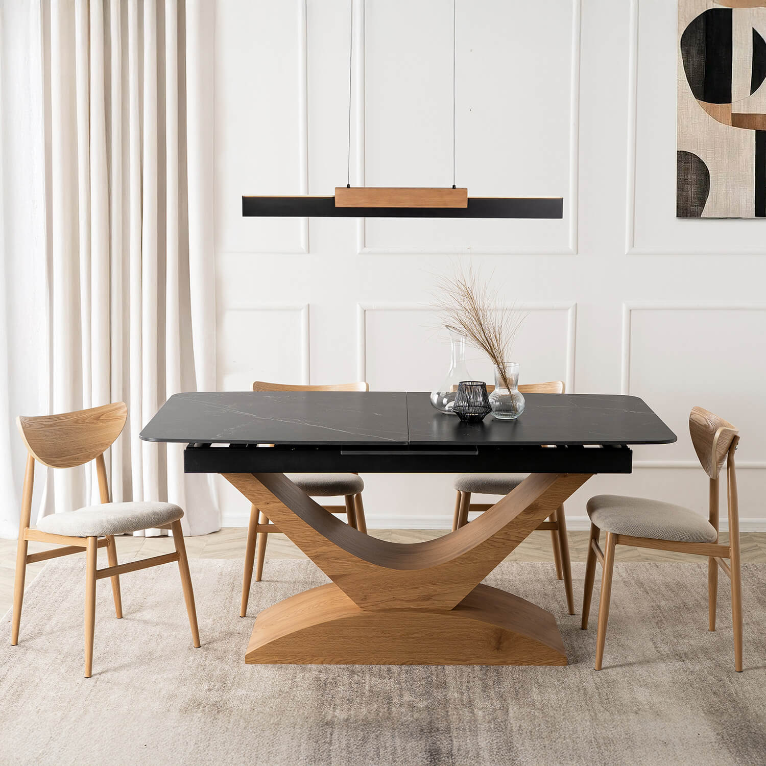 Zestaw Stół Rozkładany Ceramiczny ALICANTE 160-200 cm Czarny/Dąb i 4 Krzesła BRAGA Krem/Dąb ALICANTE/CZ/D/S160-200/BRAGA/KR/D/T/Z4/K