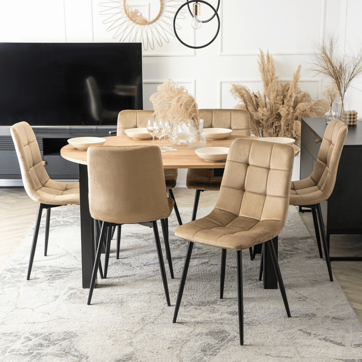 Zestaw Stół Okrągły Rozkładany HARRY 102-142 cm Dąb Craft/Czarny i 6 Krzeseł PERU Beżowych Welurowych Nowoczesnych W.HARRY/DC/CZ/S/PERU/BZ/V/Z6/K