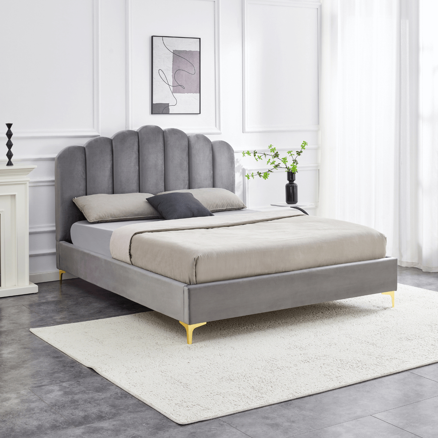 Łóżko Tapicerowane 160x200 cm GEMINI ze Stelażem Dwuosobowe Welurowe Szare ME.GEMINI/160/P/V/LOZ