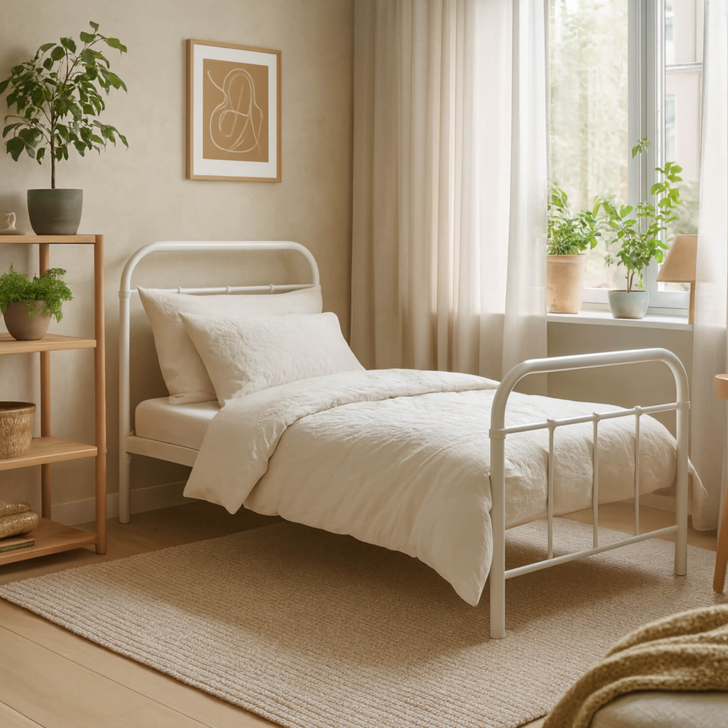 Łóżko Metalowe Jednoosobowe 90x200 cm ze Stelażem PABLO Metalowe Białe ME.PABLO/90/B/LOZ