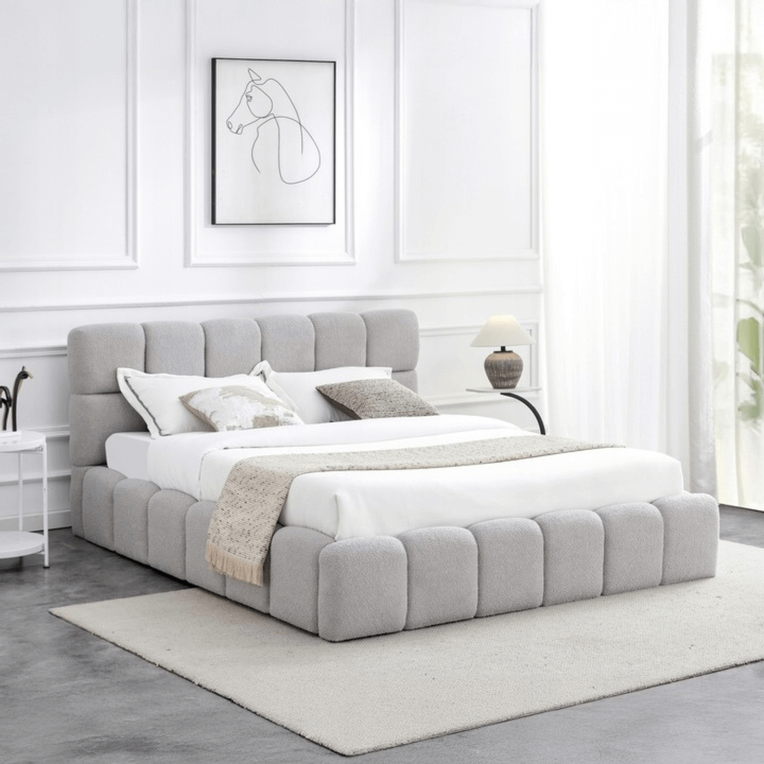 Łóżko Tapicerowane 160x200 cm MURCJA ze Stelażem i Pojemnikiem Dwuosobowe Boucle Szare ME.MURCJA/160/P/TB/LOZZPOJ