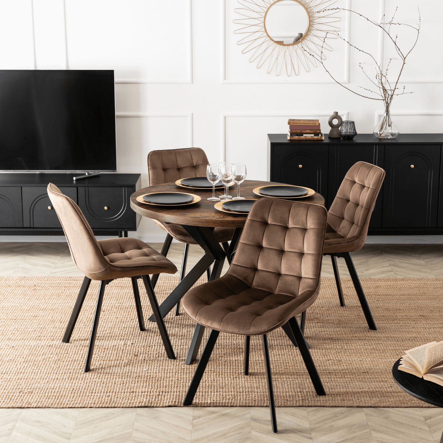 Zestaw Stół Okrągły Rozkładany LUKAS 100-250 cm Dąb Rustykalny/Czarny i 4 Krzesła Tapicerowane RICK Brązowe Welurowe Nowoczesne LUKAS/DRU/CZ/S/RICK/BR