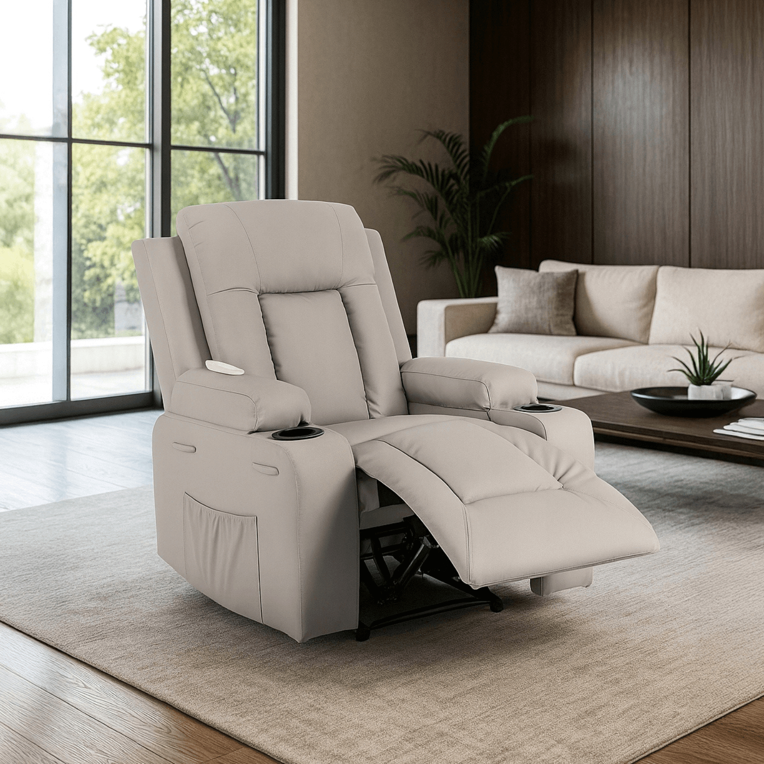 Fotel Masujący BOX Rozkładany Wypoczynkowy z Podnóżkiem Szary Ekoskóra Nowoczesny ME.BOX/P/E/FW