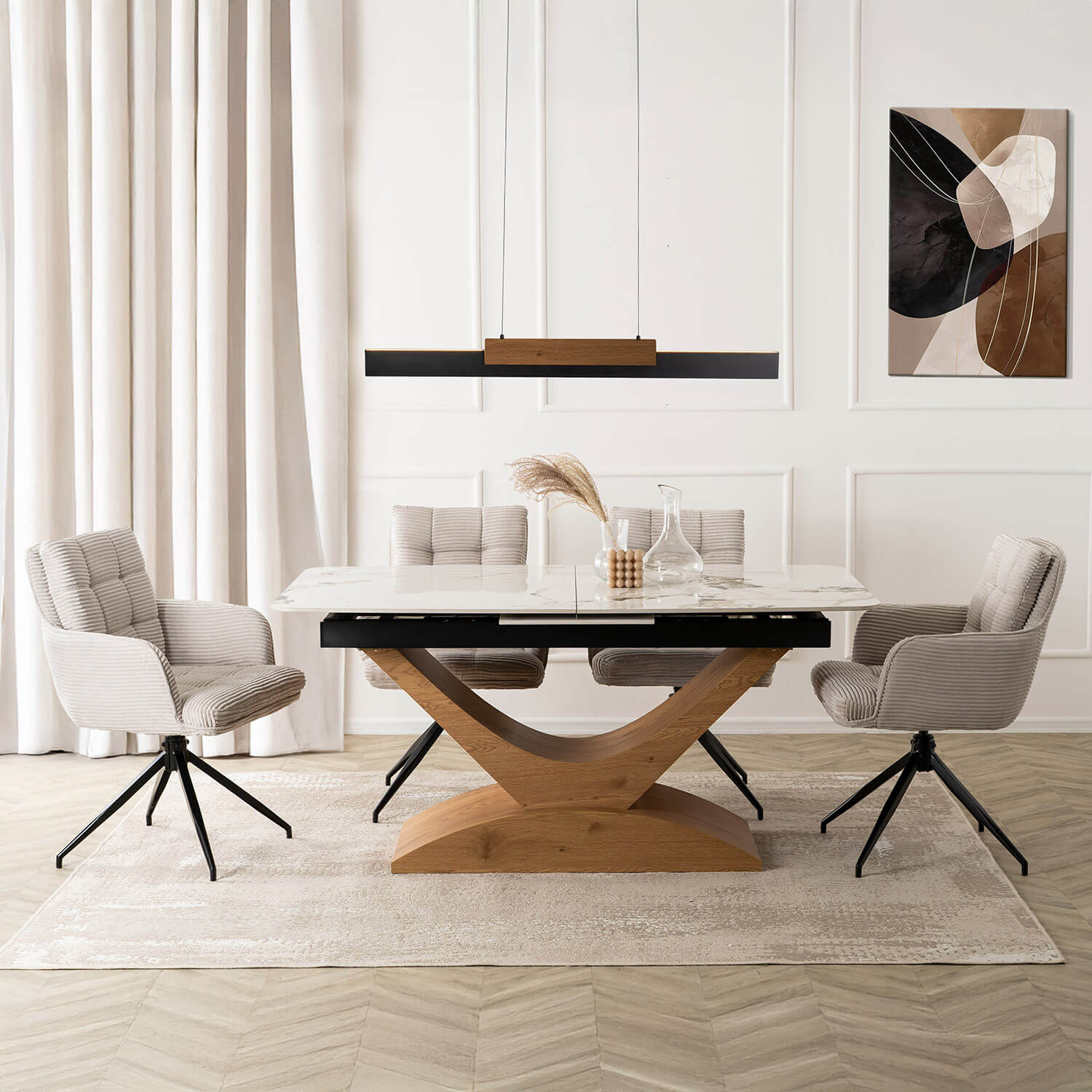 Zestaw Stół Rozkładany Ceramiczny ALICANTE 160-200 cm Biały Marmur/Dąb i 4 Krzesła AKITA Szare ALICANTE/B/D/S160-200/AKITA/JP/SZTR/Z4/K