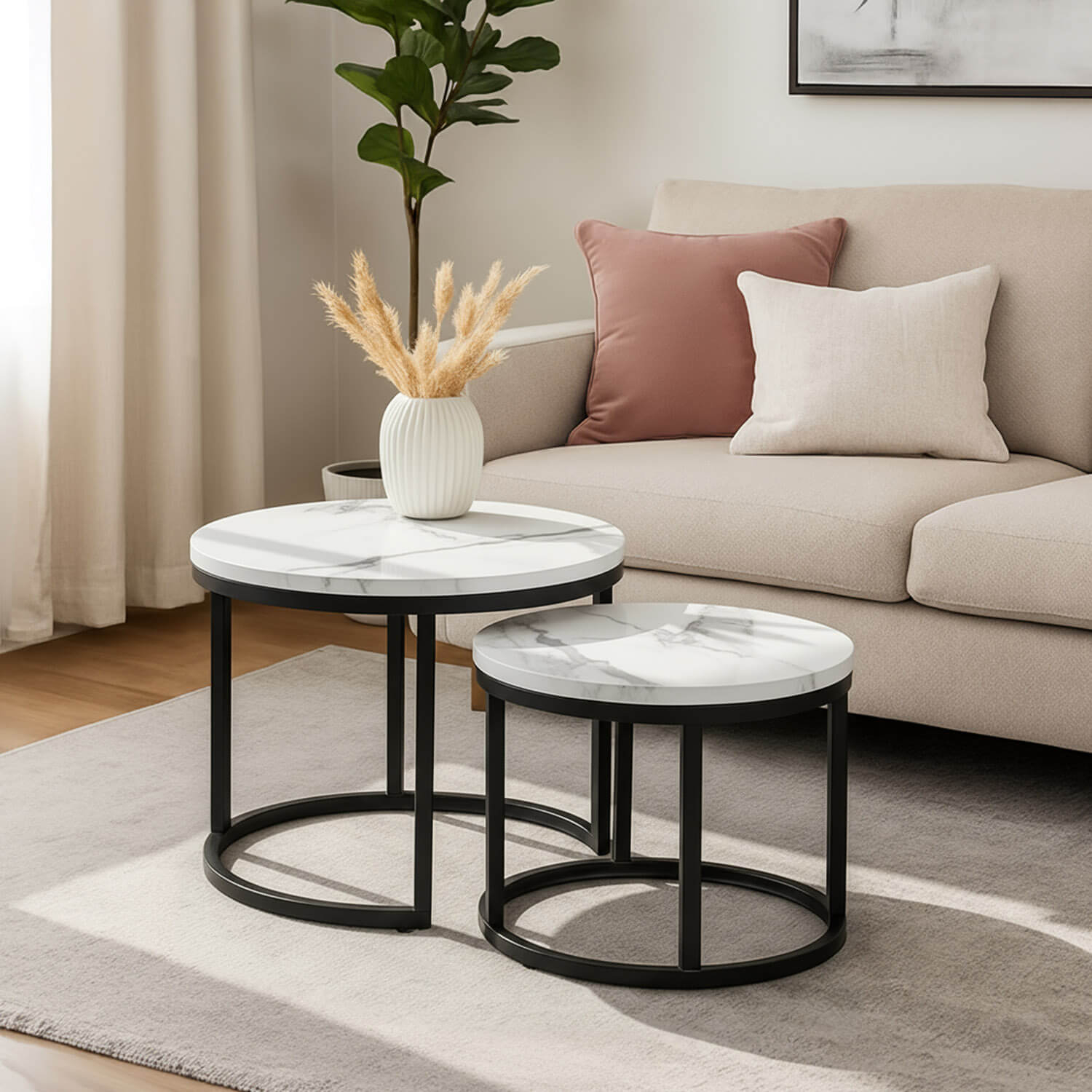 Zestaw Stolików Kawowych DAFNE 43 cm/53 cm Biały Marmur Nowoczesny Glamour ME.DAFNE/BM/CZ/L