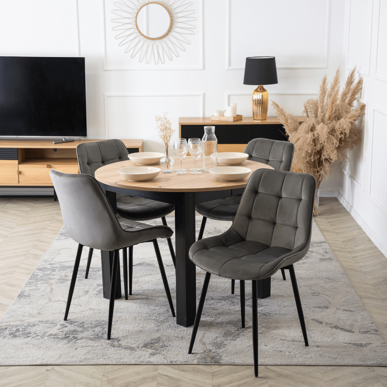Zestaw Stół Okrągły Rozkładany HARRY 102-142 cm Dąb Artisan/Czarny i 4 Krzesła Tapicerowane CHRIS Szare Nowoczesne W.HARRY/DA/CZ/S/CHRIS/P/CZ/V/Z4/K