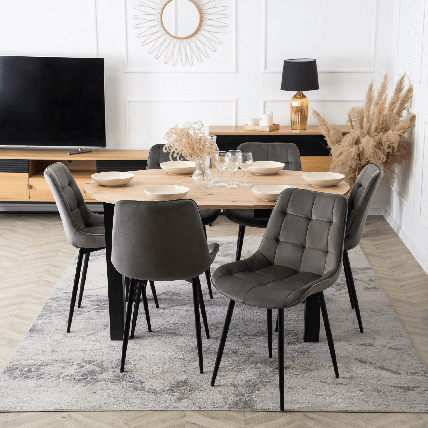 Zestaw Stół Okrągły Rozkładany HARRY 102-142 cm Dąb Artisan/Czarny i 6 Krzeseł Tapicerowanych CHRIS Szarych Nowoczesnych W.HARRY/DA/CZ/S/CHRIS/P/CZ/V/