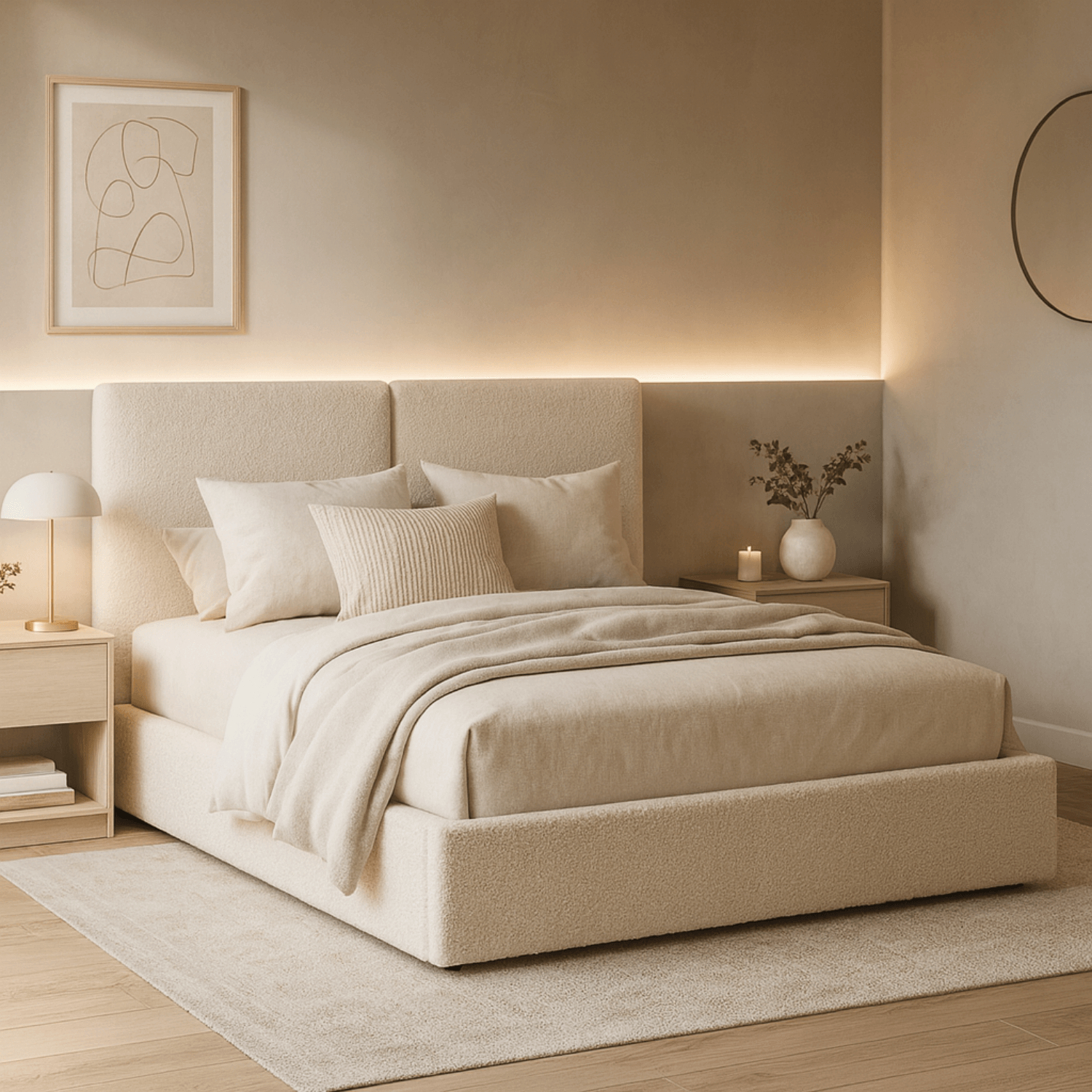 Łóżko Tapicerowane 140x200 cm MARSYLIA ze Stelażem i Pojemnikiem Dwuosobowe Boucle Kremowe ME.MARSYLIA/140/KR/TB/LOZZPOJ