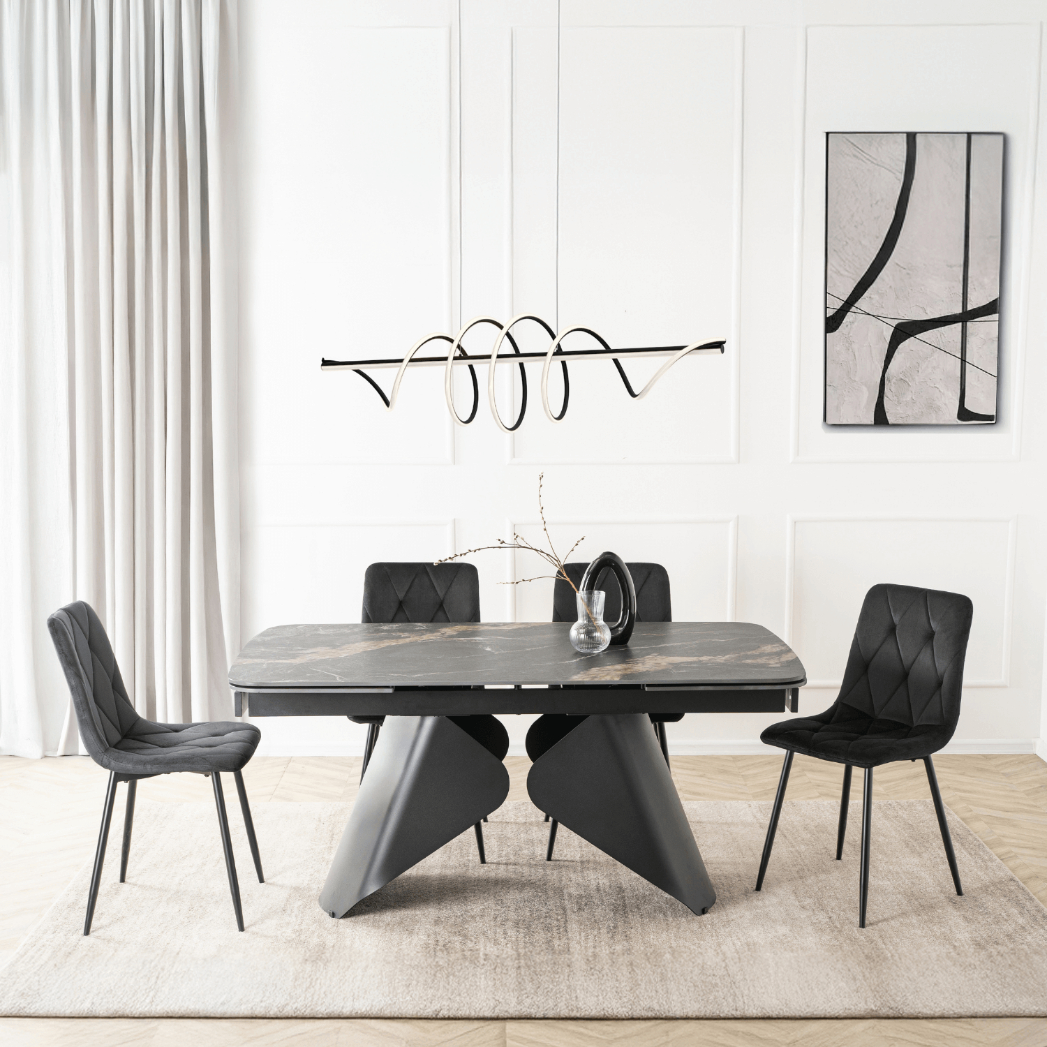 Zestaw Stół Rozkładany VERONA 160-240 cm Czarny Marmur/Czarny i 4 Krzesła ROBIN Czarne VERONA/CZZL/CZ/CER/S160-220/ROBIN/CZ/V/Z4/K