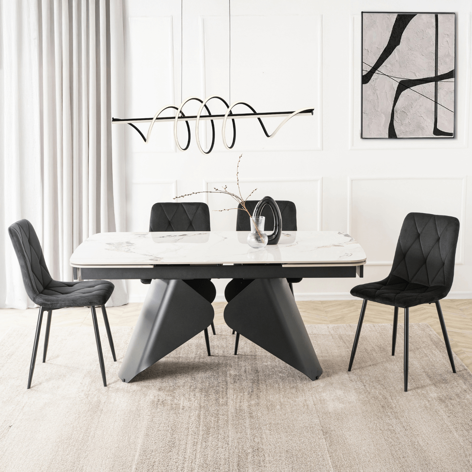 Zestaw Stół Rozkładany VERONA 160-240 cm Biały Marmur/Czarny i 4 Krzesła ROBIN Czarne VERONA/B/CZ/CER/S160-220/ROBIN/CZ/V/Z4/K