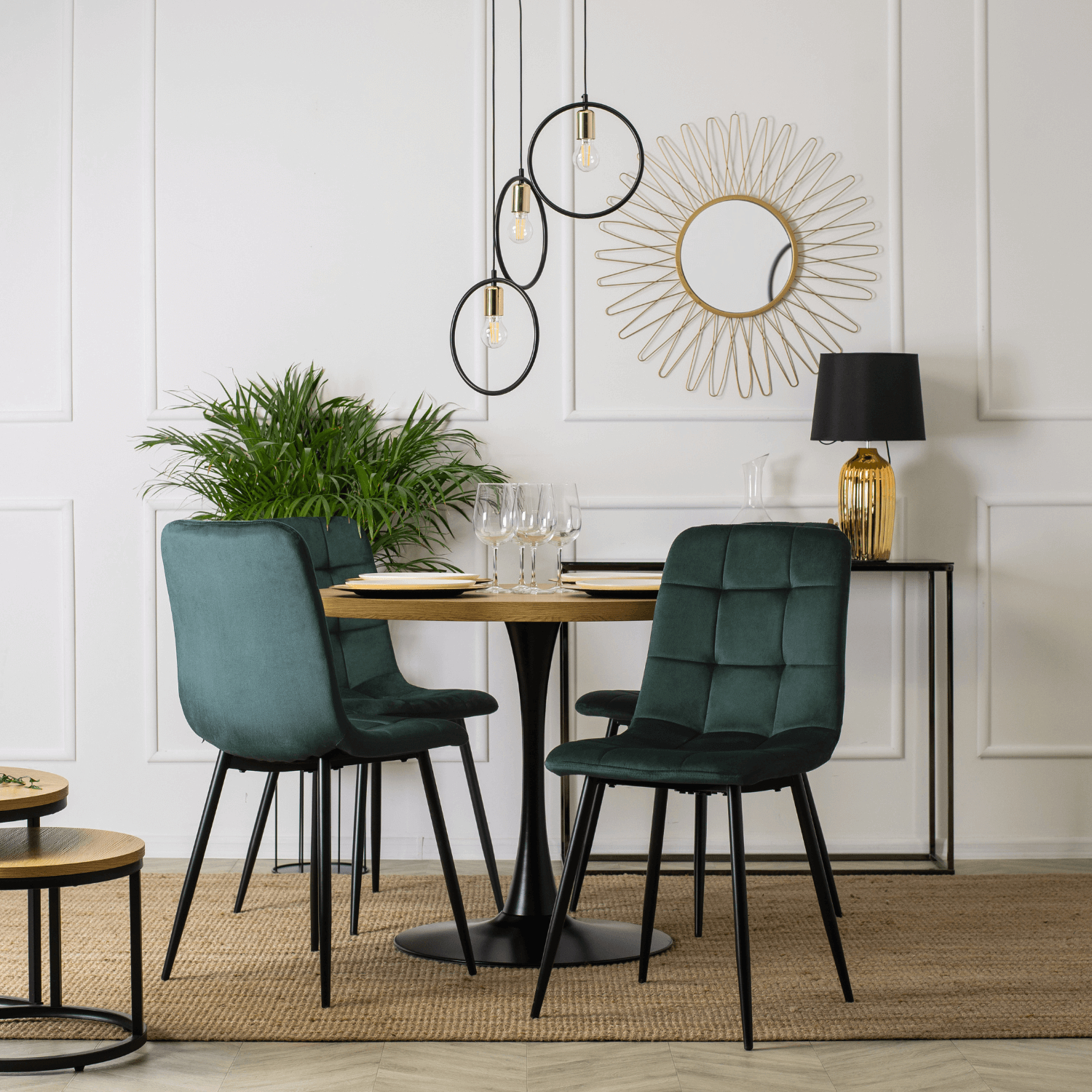 Zestaw Stół Okrągły LINO 100 cm Dąb Złoty/Czarny i 4 Krzesło Tapicerowane do Jadalni PERU Zielone Welurowe Nowoczesne Loft LINO/DZ/S/PERU/Z/V/Z4/K
