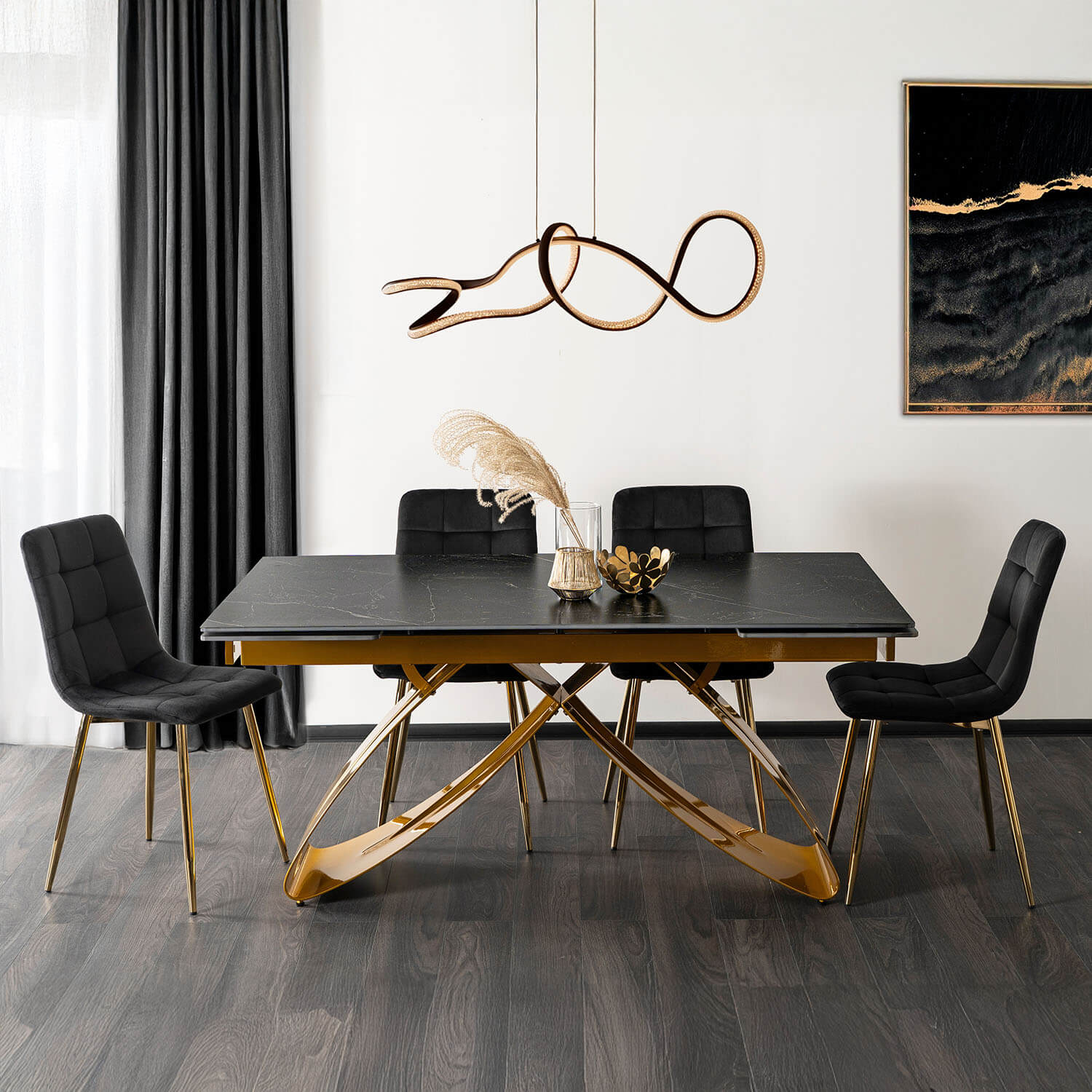 Zestaw Stół Rozkładany LUIGI 160-240 cm Czarny/Złoty i 4 Krzesła Tapicerowane YORK Czarne Glamour LUIGI/CZ/ZL/S160-240/YORK/CZ/ZL/V/Z4/K