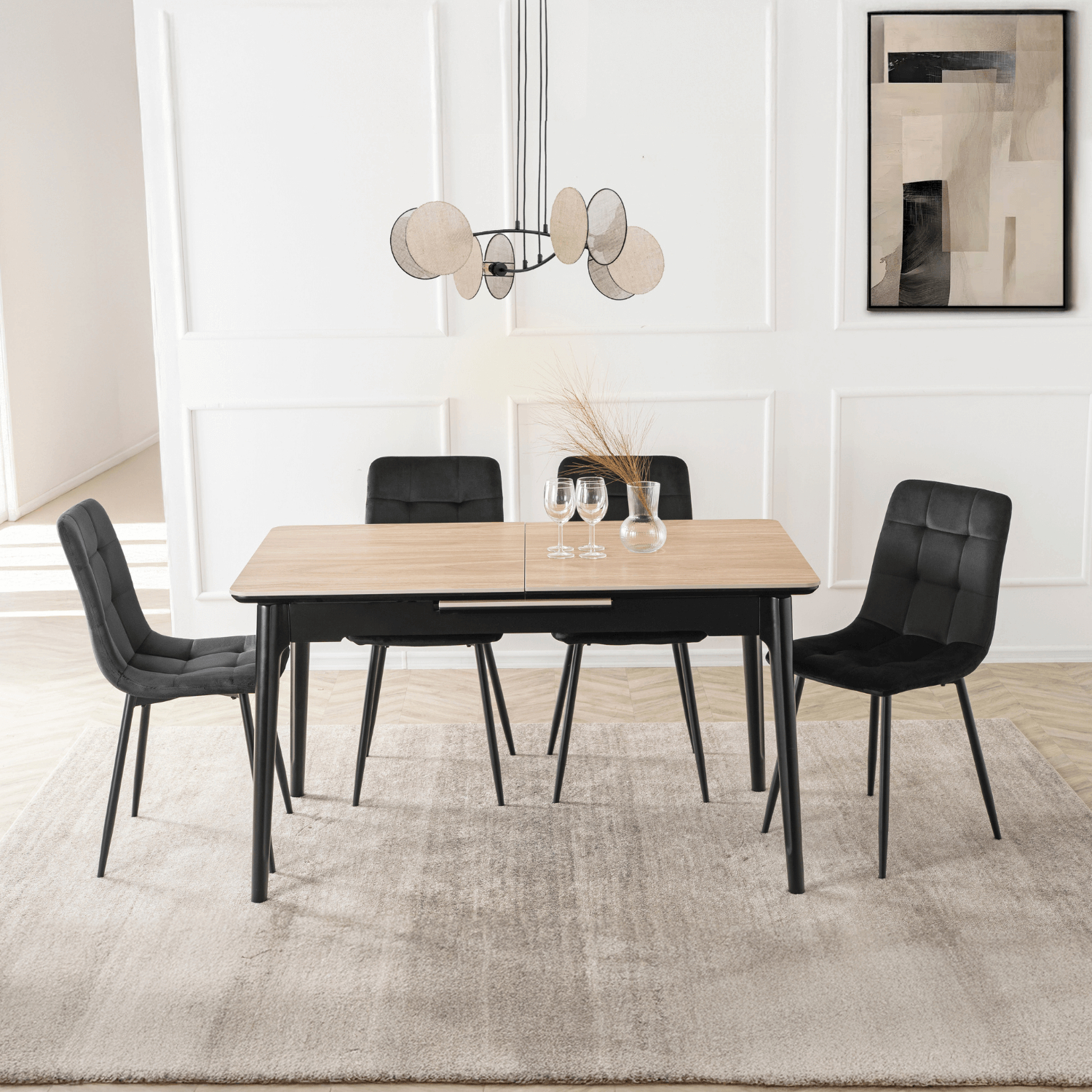 Zestaw Stół Rozkładany SAMER 120-160 cm Dąb/Czarny i 4 Krzesła Tapicerowane PERU Czarne Welurowe SAMER/D/CZ/CER/S120-160/PERU/CZ/V/Z4/K