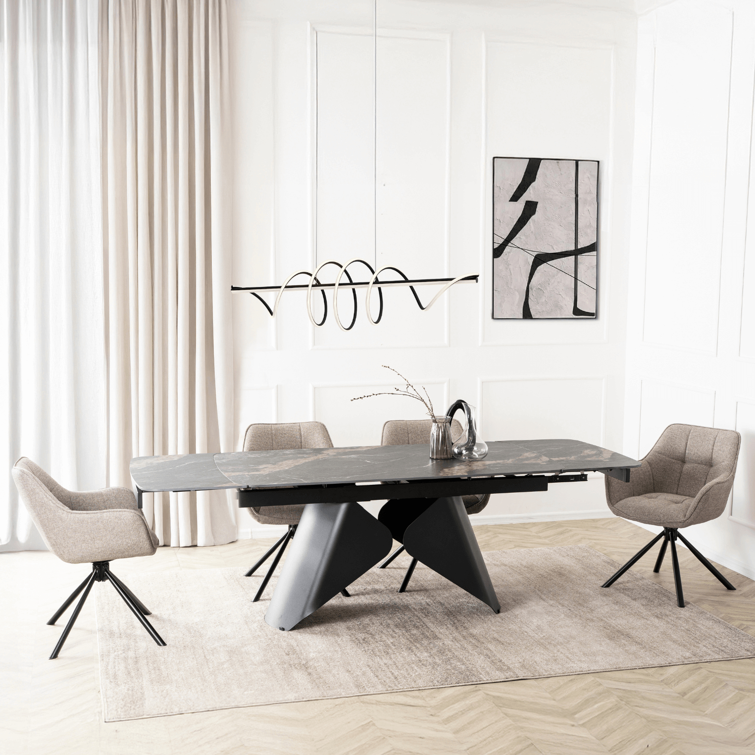 Zestaw Stół Rozkładany VERONA 160-240 cm Czarny Marmur/Czarny i 4 Krzesła PEONY 2 Cappuccino VERONA/CZZL/CZ/CER/S160-220/PEONY2/CAP/T/Z4/K