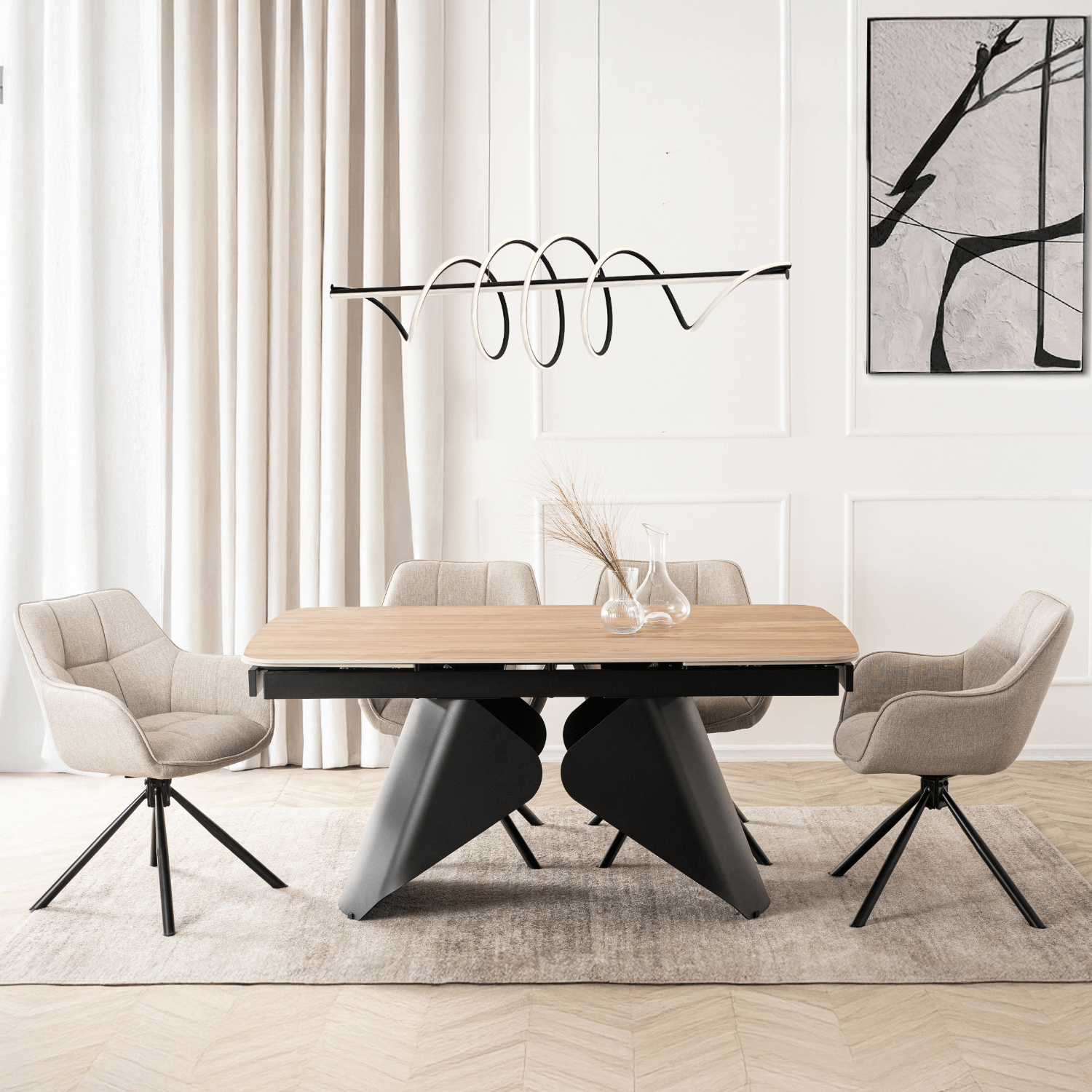 Zestaw Stół Rozkładany VERONA 160-240 cm Dąb/Czarny i 4 Krzesła PEONY 2 Beżowe VERONA/D/CZ/CER/S160-220/PEONY2/BZ/T/Z4/K