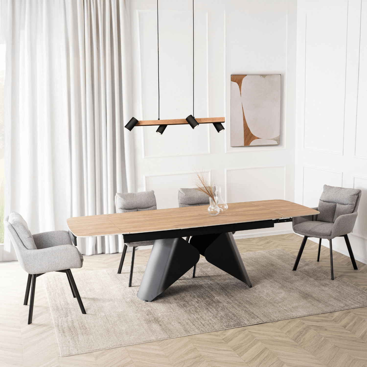 Zestaw Stół Rozkładany VERONA 160-240 cm Dąb/Czarny i 4 Krzesła CORTADO Szare VERONA/D/CZ/CER/S160-220/CORTADO/P/CZ/T/Z4/K