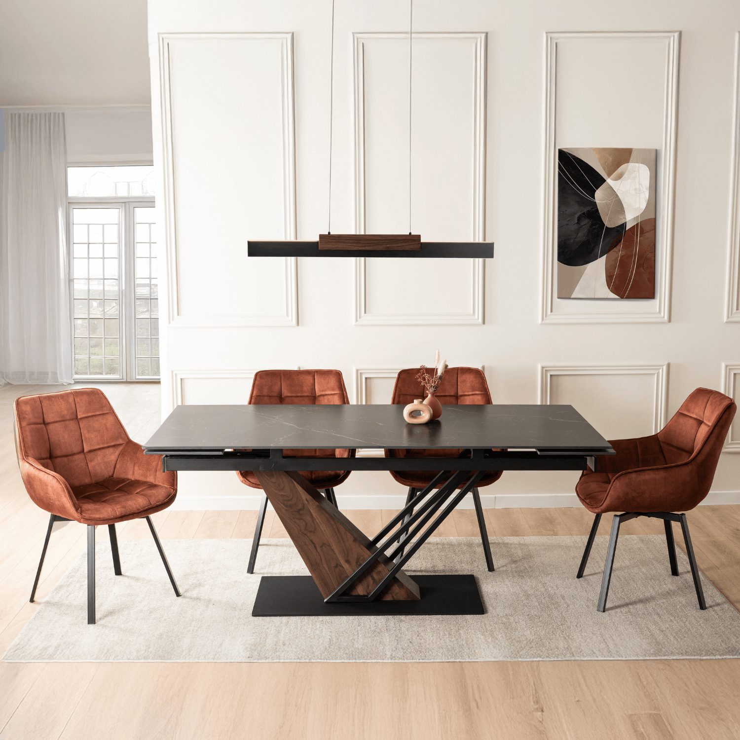 Zestaw Stół Prostokątny Rozkładany REX 2 180-240 cm Czarny Marmur i 4 Krzesła Obrotowe LUNA Rude REX2/CZ/O/CER/S180-240/LUNA/RD/V/Z4/K