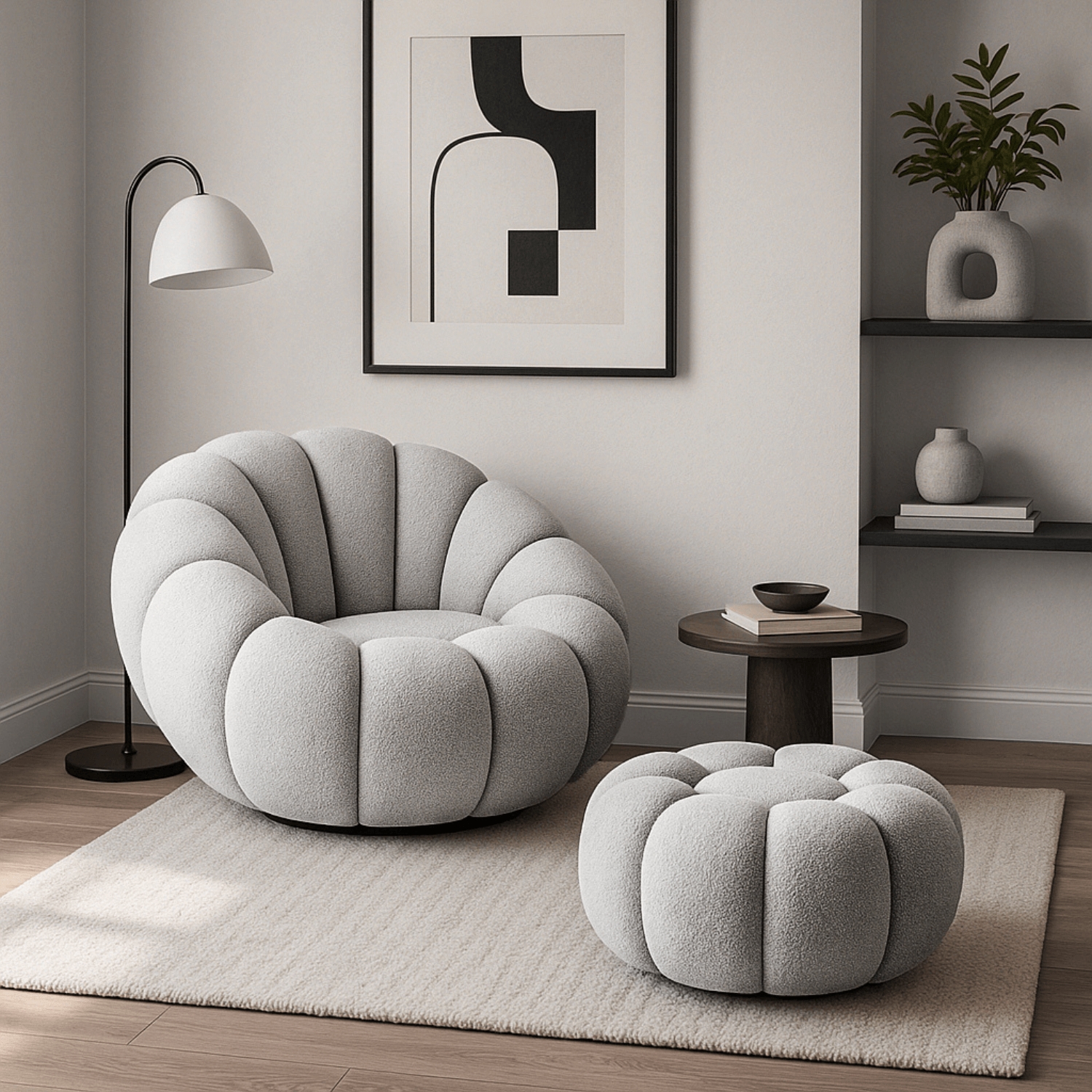 Fotel Wypoczynkowy Obrotowy PETTIT Szary z Pufą w Tkaninie Teddy Boucle ME.PETTIT/P/TB/FW