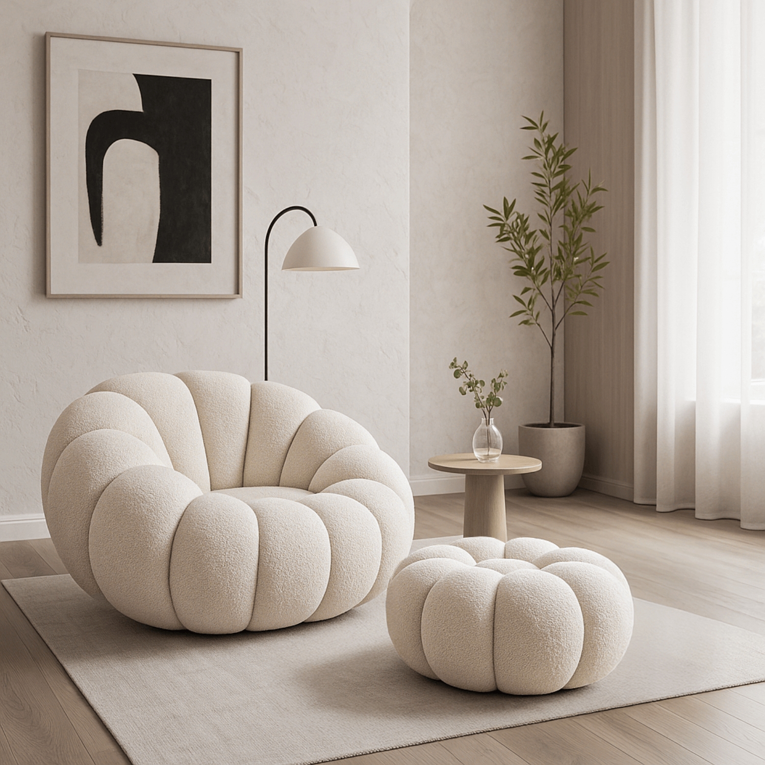 Fotel Wypoczynkowy Obrotowy PETTIT Kremowy z Pufą w Tkaninie Teddy Boucle ME.PETTIT/KR/TB/FW