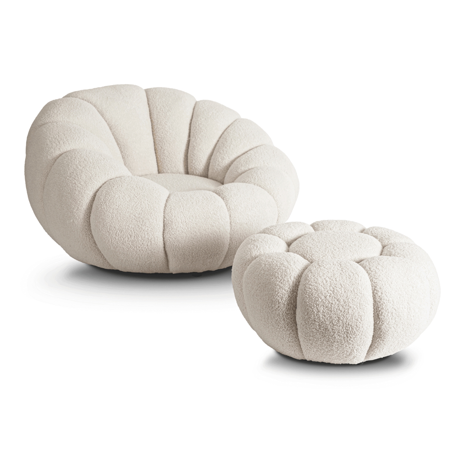 Fotel Wypoczynkowy Obrotowy PETTIT Kremowy z Pufą w Tkaninie Teddy Boucle ME.PETTIT/KR/TB/FW