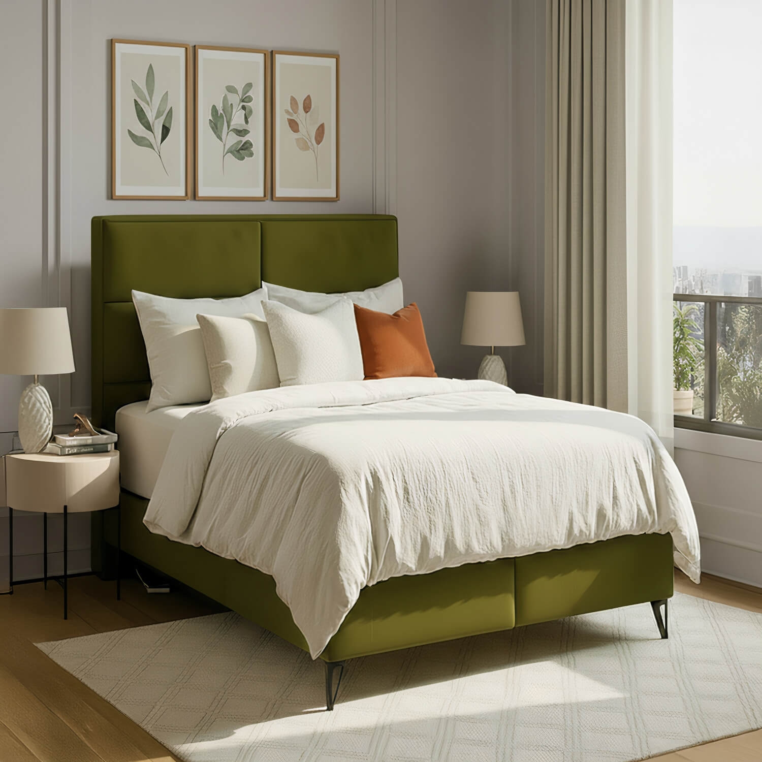 Łóżko Kontynentalne Tapicerowane SAFIRO 140x200 Oliwkowe eltap.SAF_04_1.4