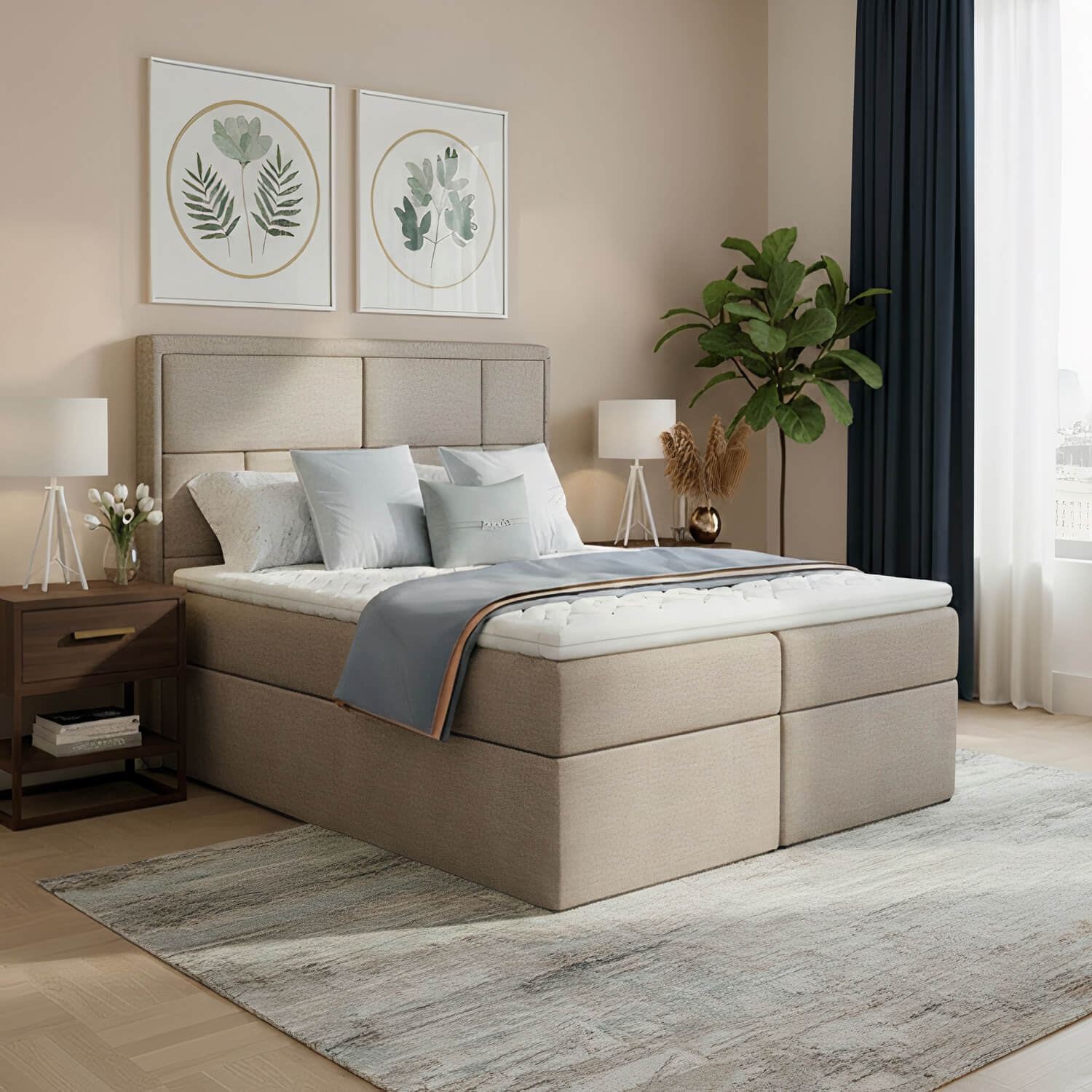 Łóżko Kontynentalne Tapicerowane MERON 140X200 z Pojemnikiem Beżowe eltap.Mer_01_1.4
