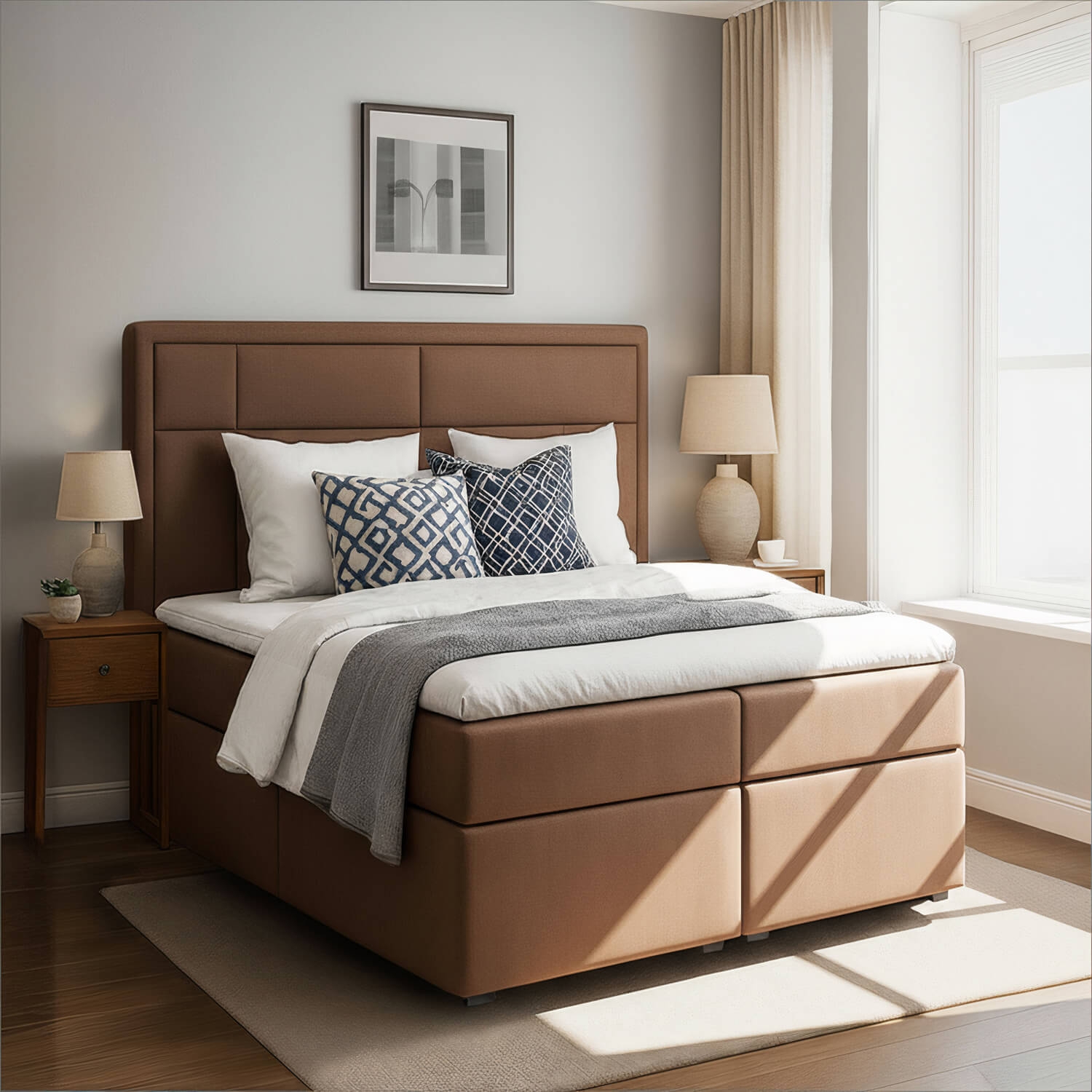 Łóżko Kontynentalne Tapicerowane MERON 140X200 z Pojemnikiem Jasnobrązowe eltap.Mer_10_1.4