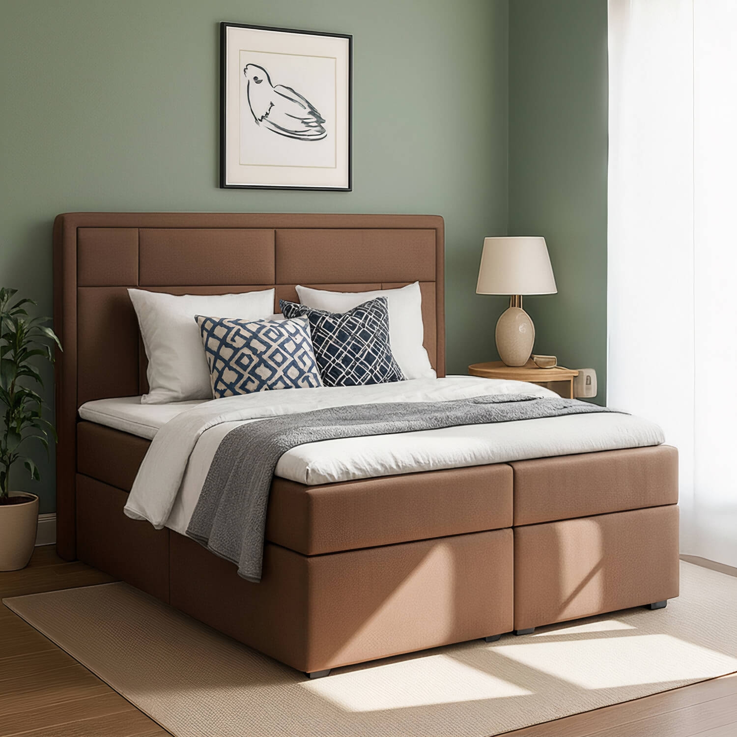 Łóżko Kontynentalne Tapicerowane MERON 160X200 z Pojemnikiem Jasnobrązowe eltap.Mer_10_1.6