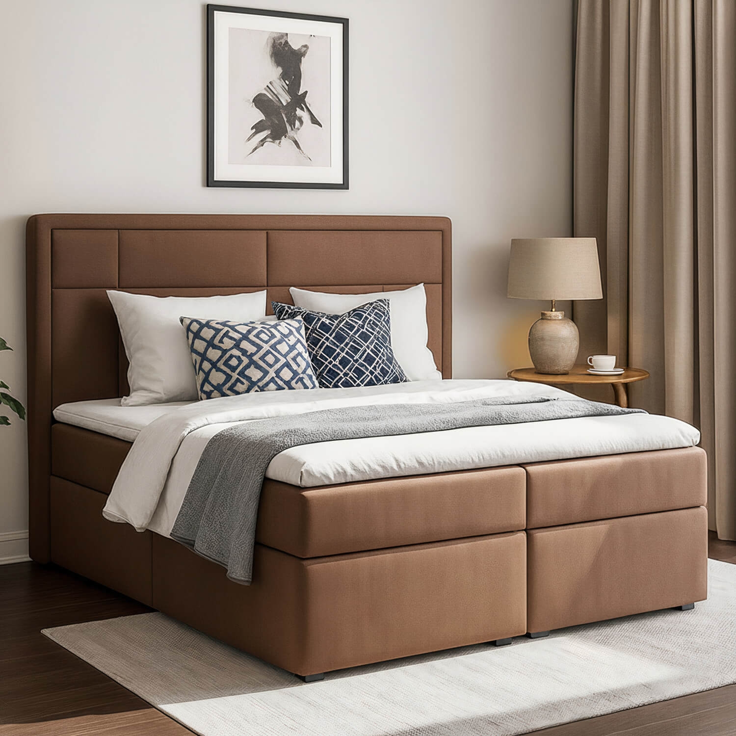 Łóżko Kontynentalne Tapicerowane MERON 180X200 z Pojemnikiem Jasnobrązowe eltap.Mer_10_1.8