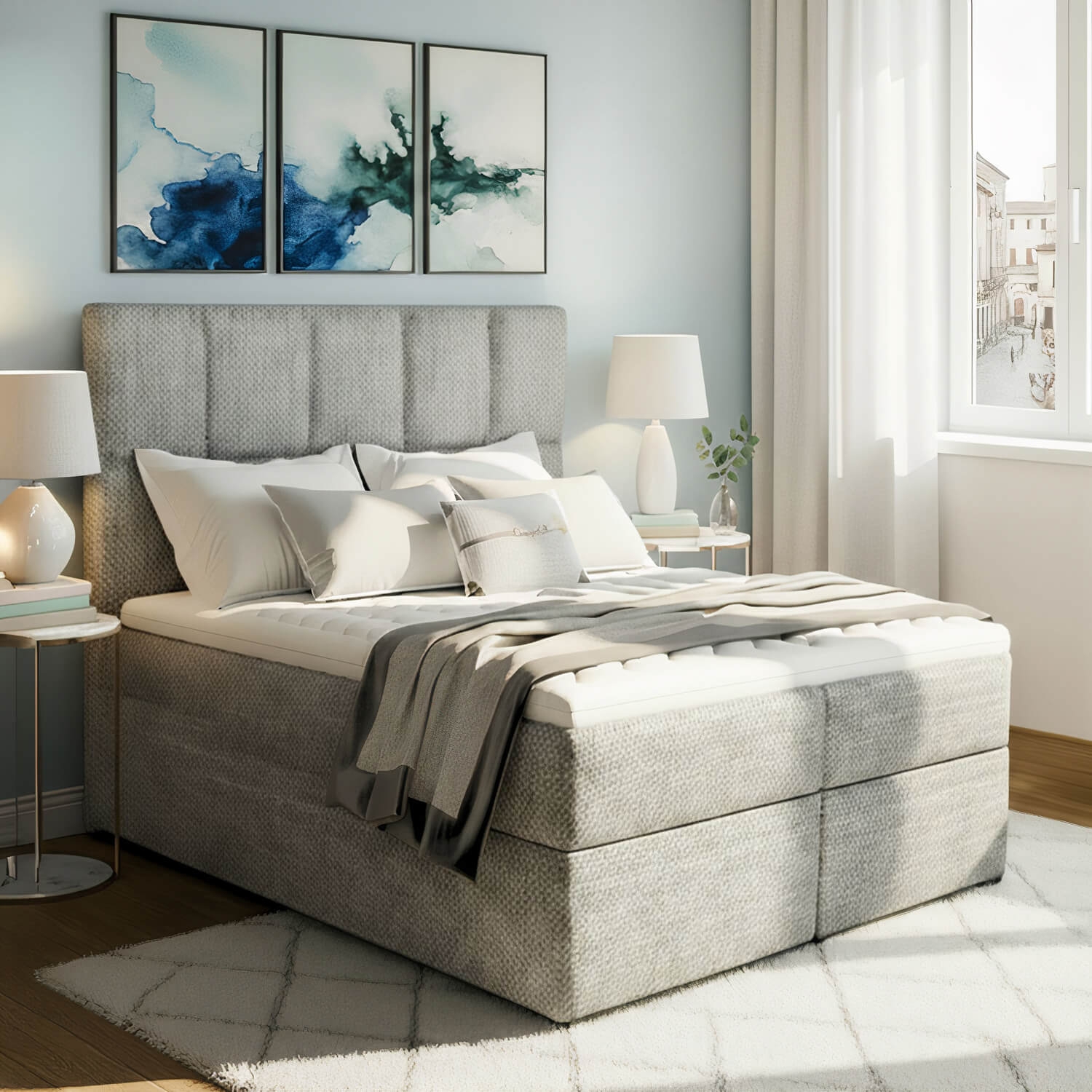 Łóżko Kontynentalne Tapicerowane GLOSSY 165x210 z Pojemnikiem Jasnoszare eltap.Glo_01_1.6