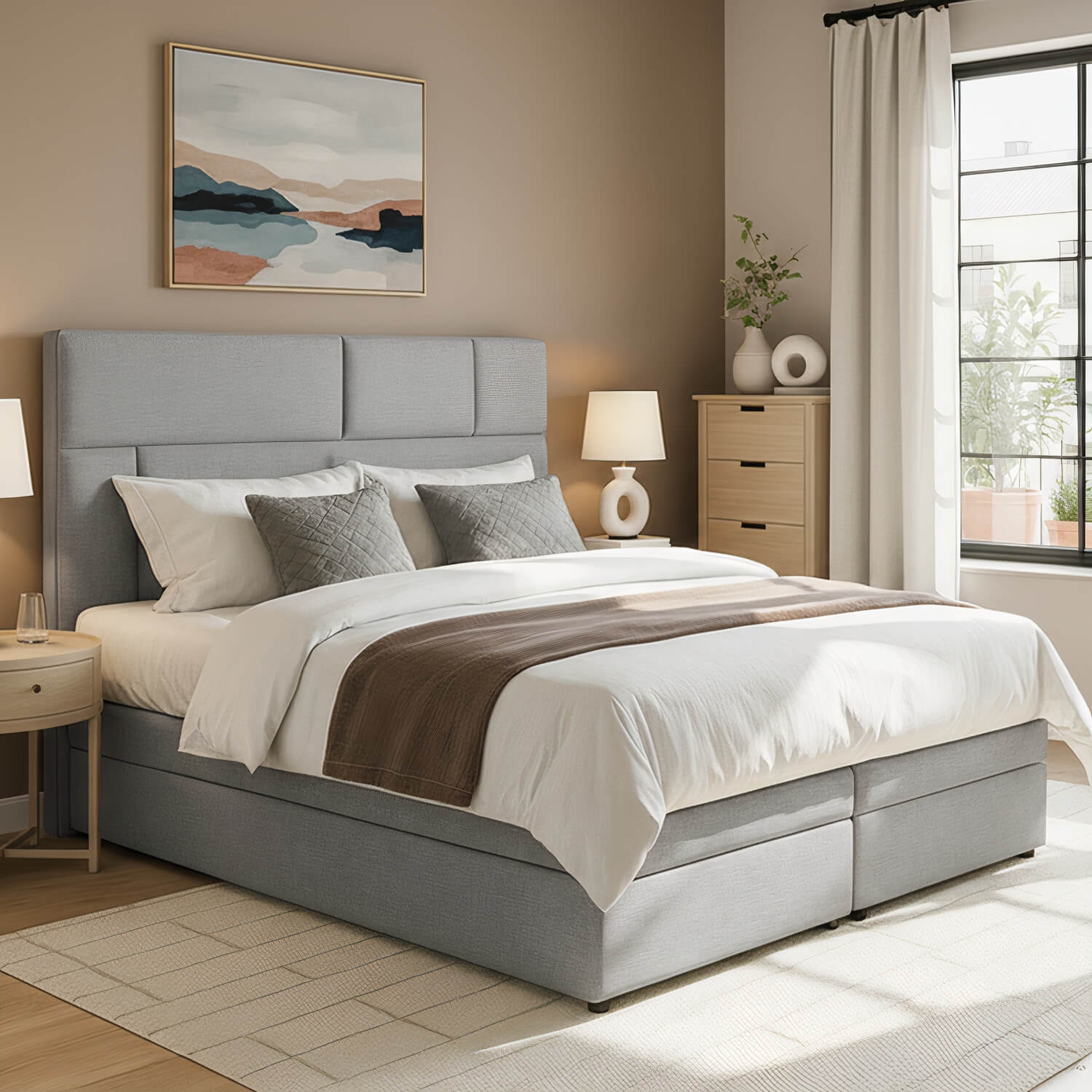 Łóżko Kontynentalne Tapicerowane FLORENCE 185x210 z Pojemnikiem Jasnoszare eltap.Flo_09_1.8