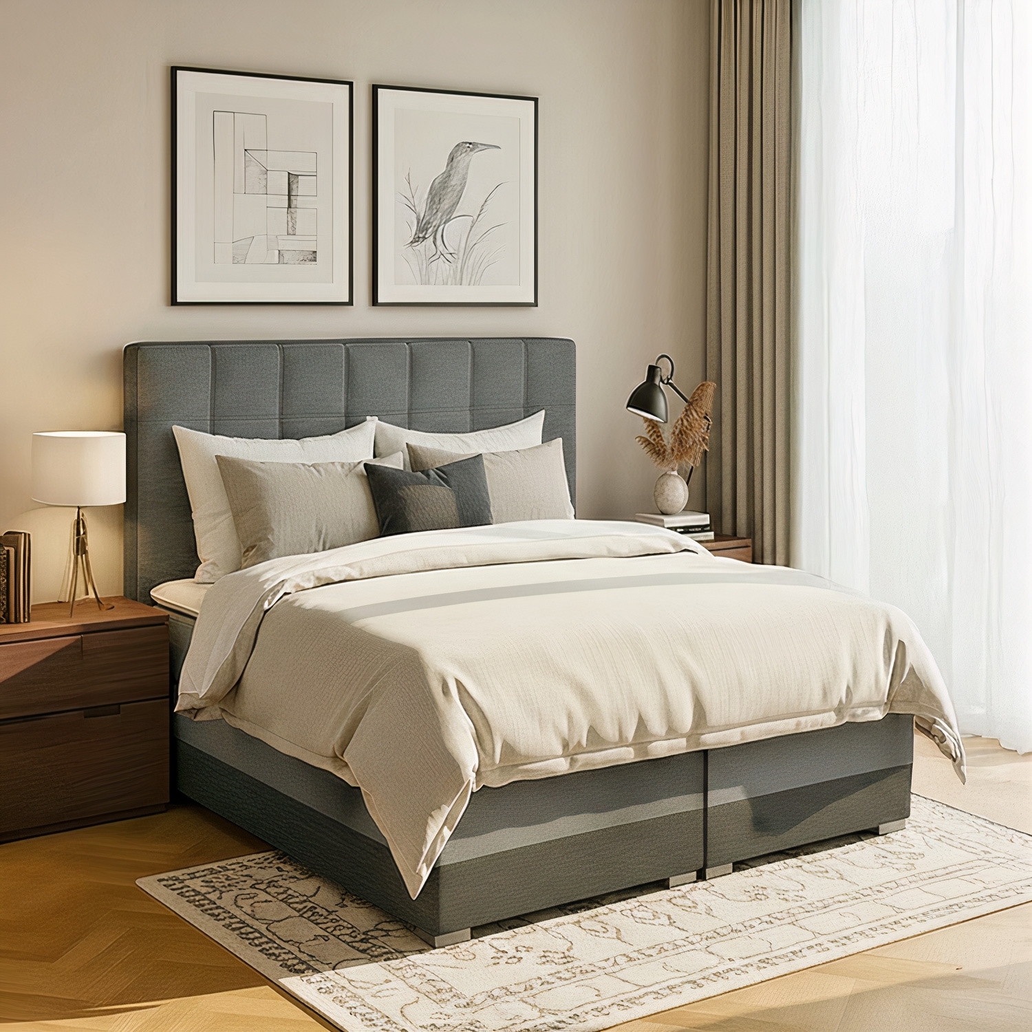 Łóżko Kontynentalne Tapicerowane DAMASO z Pojemnikiem 140x200 Szare/Czarne eltap.Dms_03_1.4