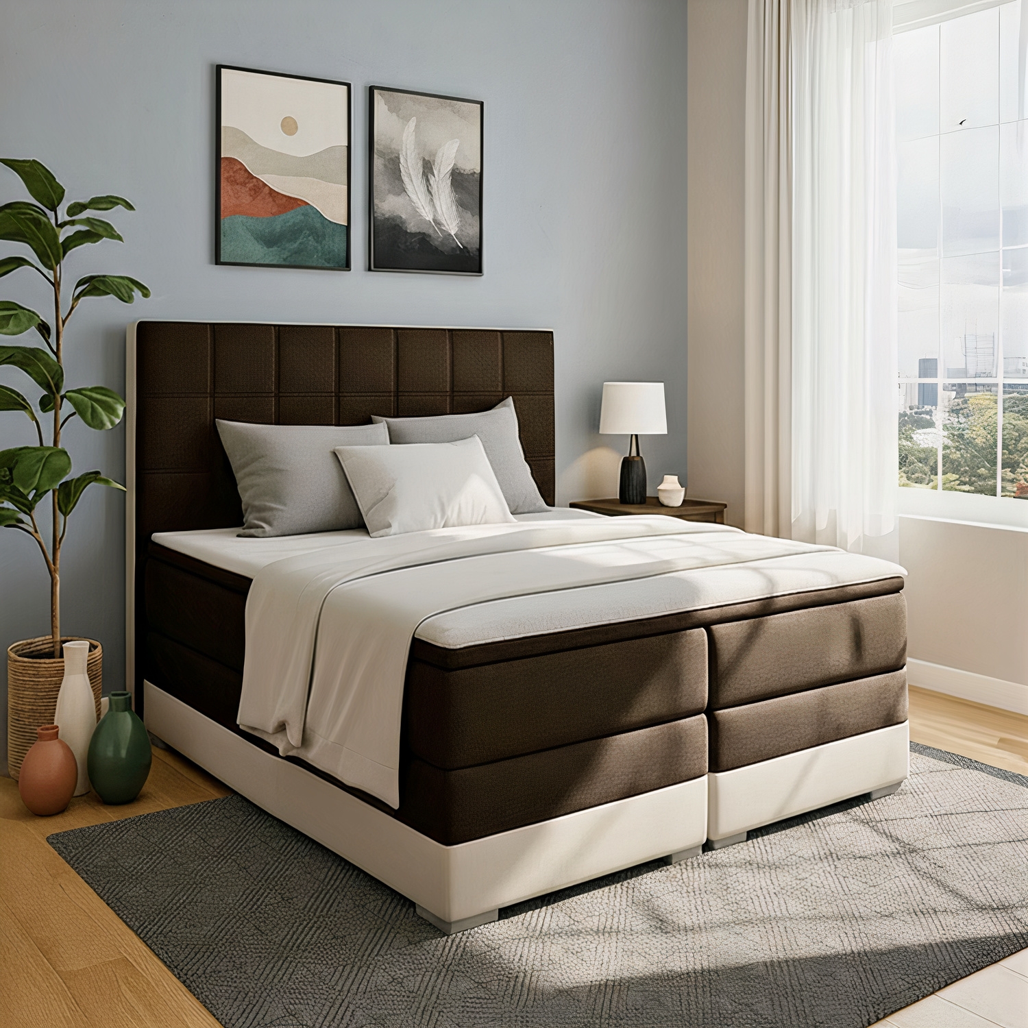 Łóżko Kontynentalne Tapicerowane DAMASO z Pojemnikiem 140x200 Brązowe/Beżowe eltap.Dms_05_1.4