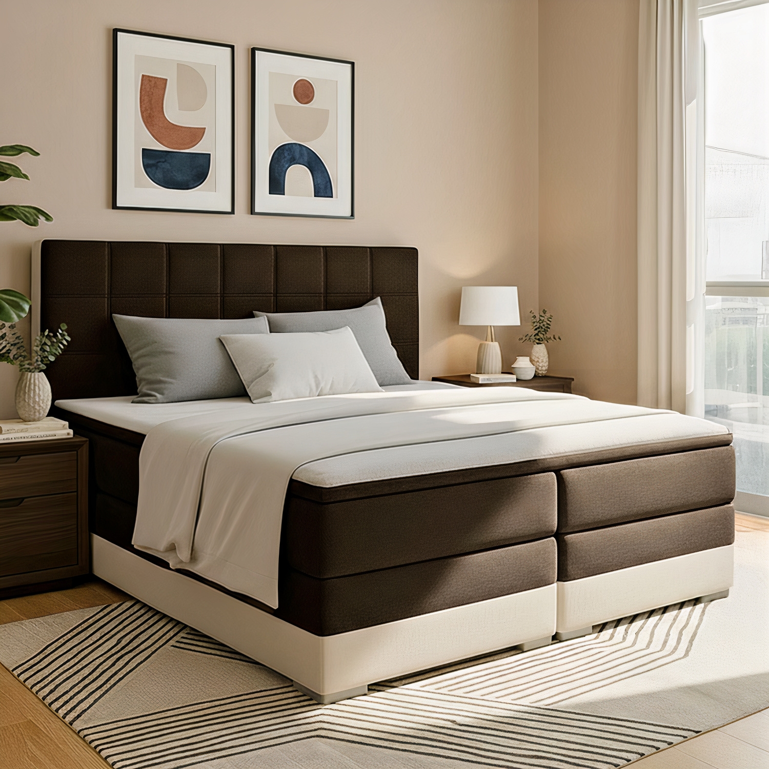 Łóżko Kontynentalne Tapicerowane DAMASO z Pojemnikiem 180x200 Brązowe/Beżowe eltap.Dms_05_1.8