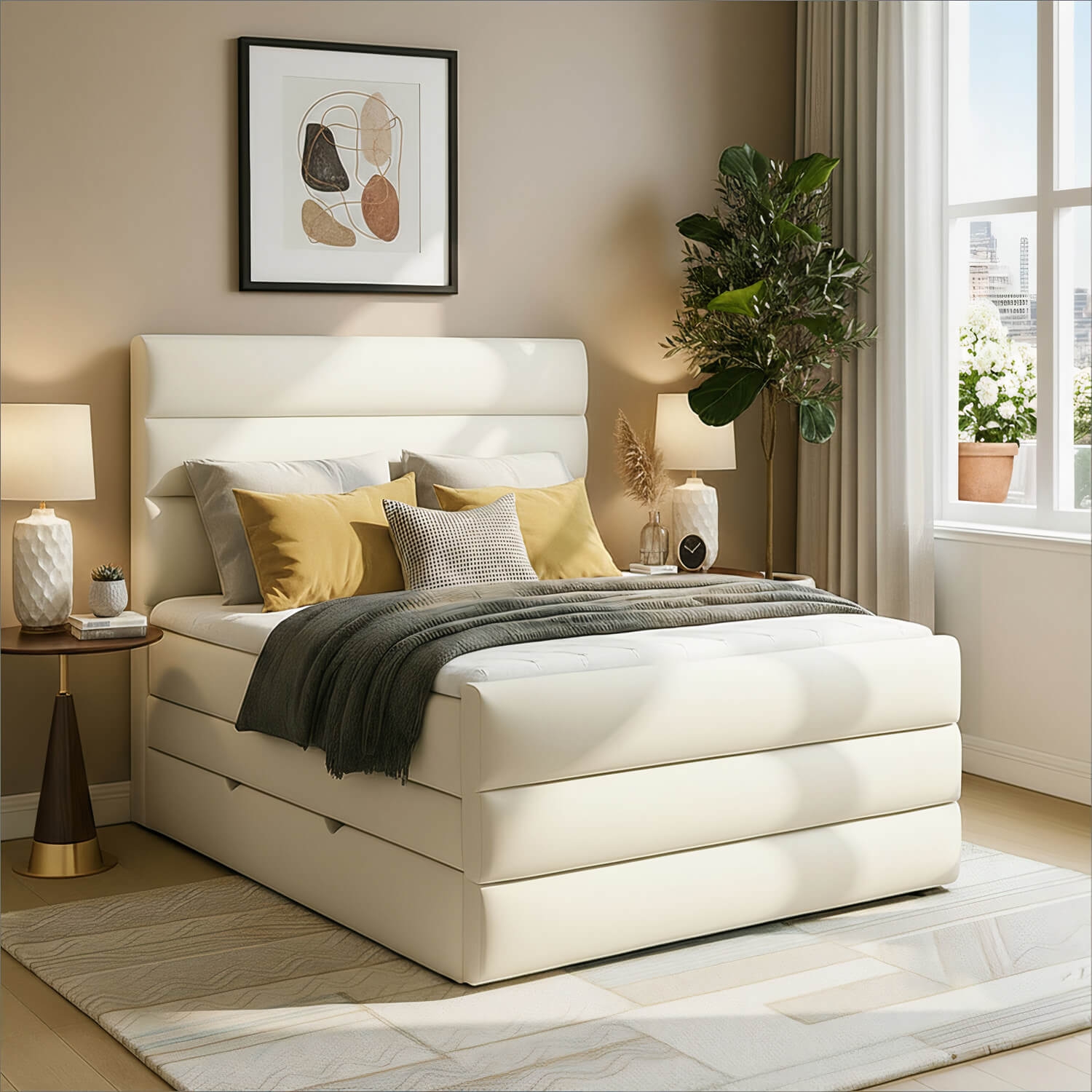 Łóżko Kontynentalne Tapicerowane CANDE 140x200 z Pojemnikiem Białe eltap.Cand_16_1.4