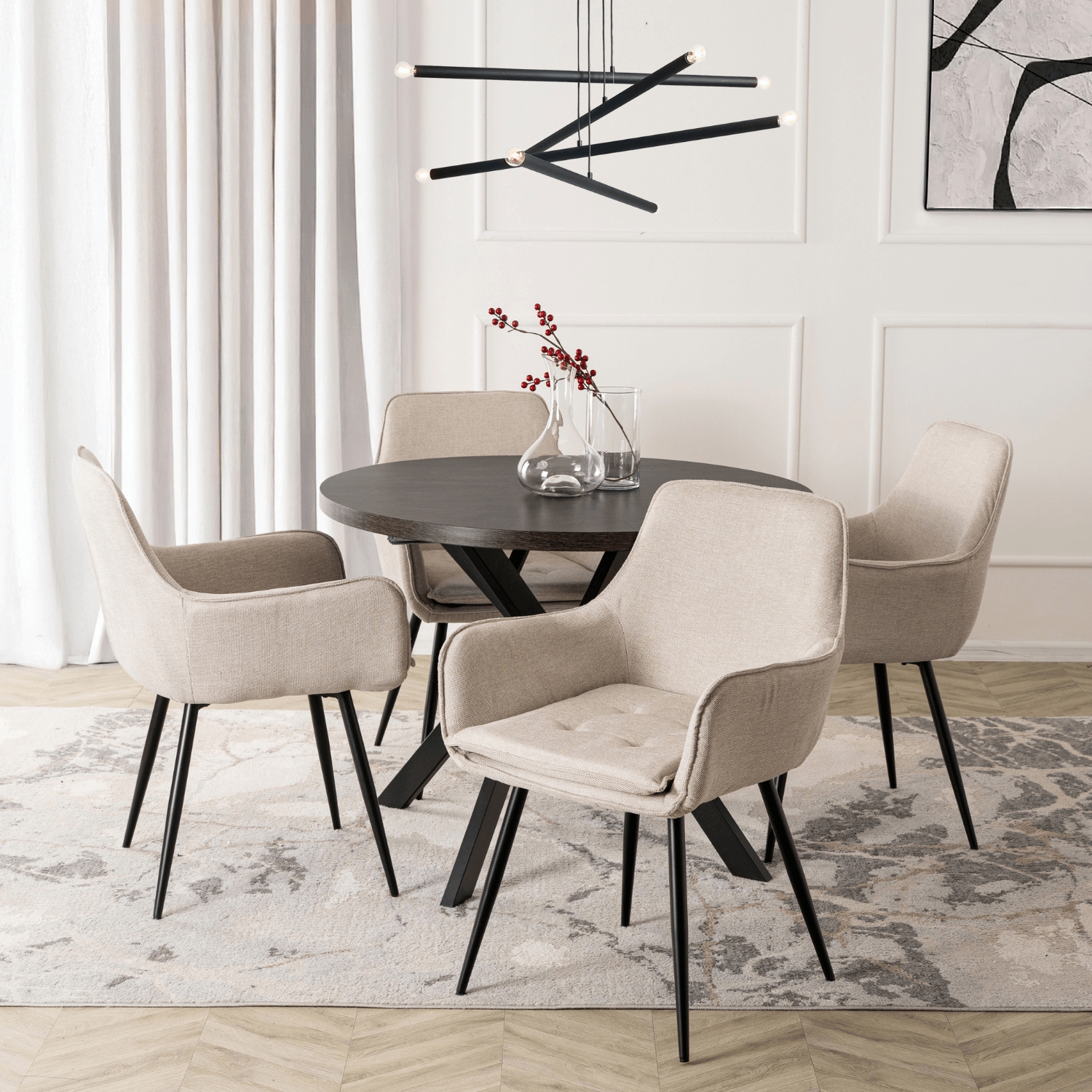 Zestaw Stół Rozkładany LUKAS 100-250 cm Czarny i 4 Krzesła Tapicerowane EDRICK Kremowe LUKAS/CZ/S/EDRICK/KR/CZ/T/Z4/K