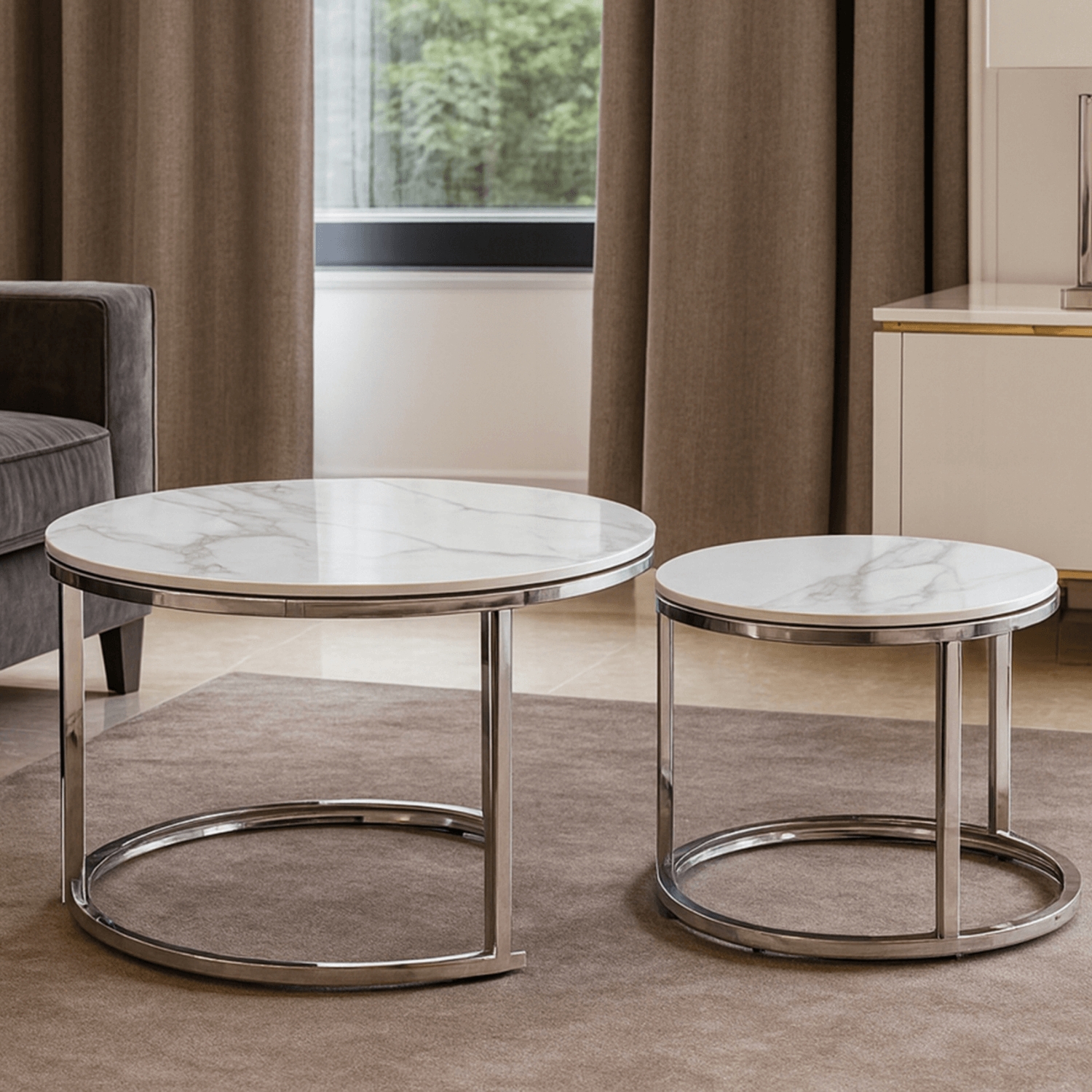 Zestaw Stolików Kawowych AMARA 45,5 cm/60 cm Biały Marmur/Srebrny Glamour ME.AMARA/BM/SR/CER/L