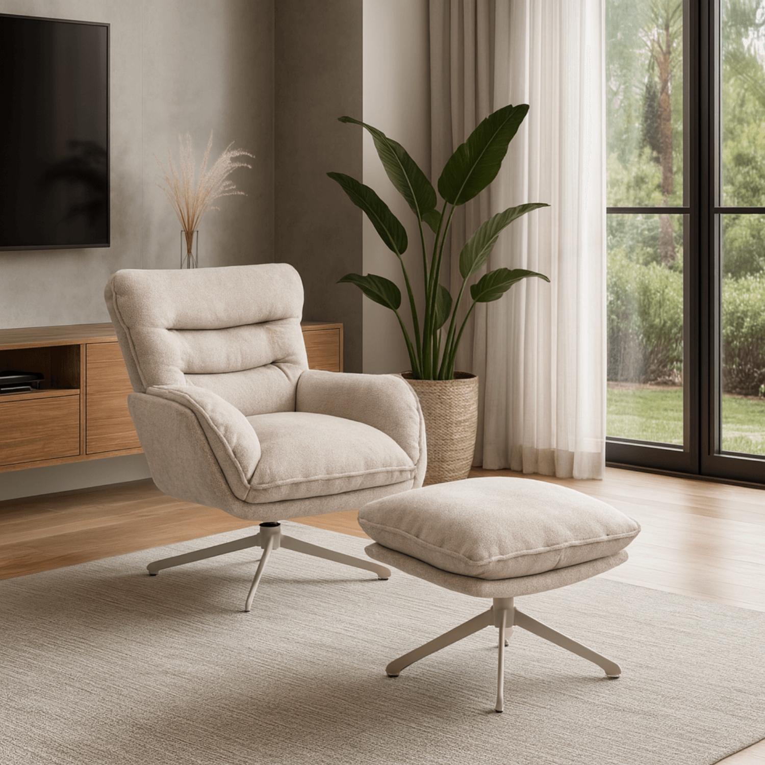 Fotel Wypoczynkowy Obrotowy PASADENA z Podnóżkiem Kremowy Nowoczesny ME.PASADENA/KR/KR/T/FW