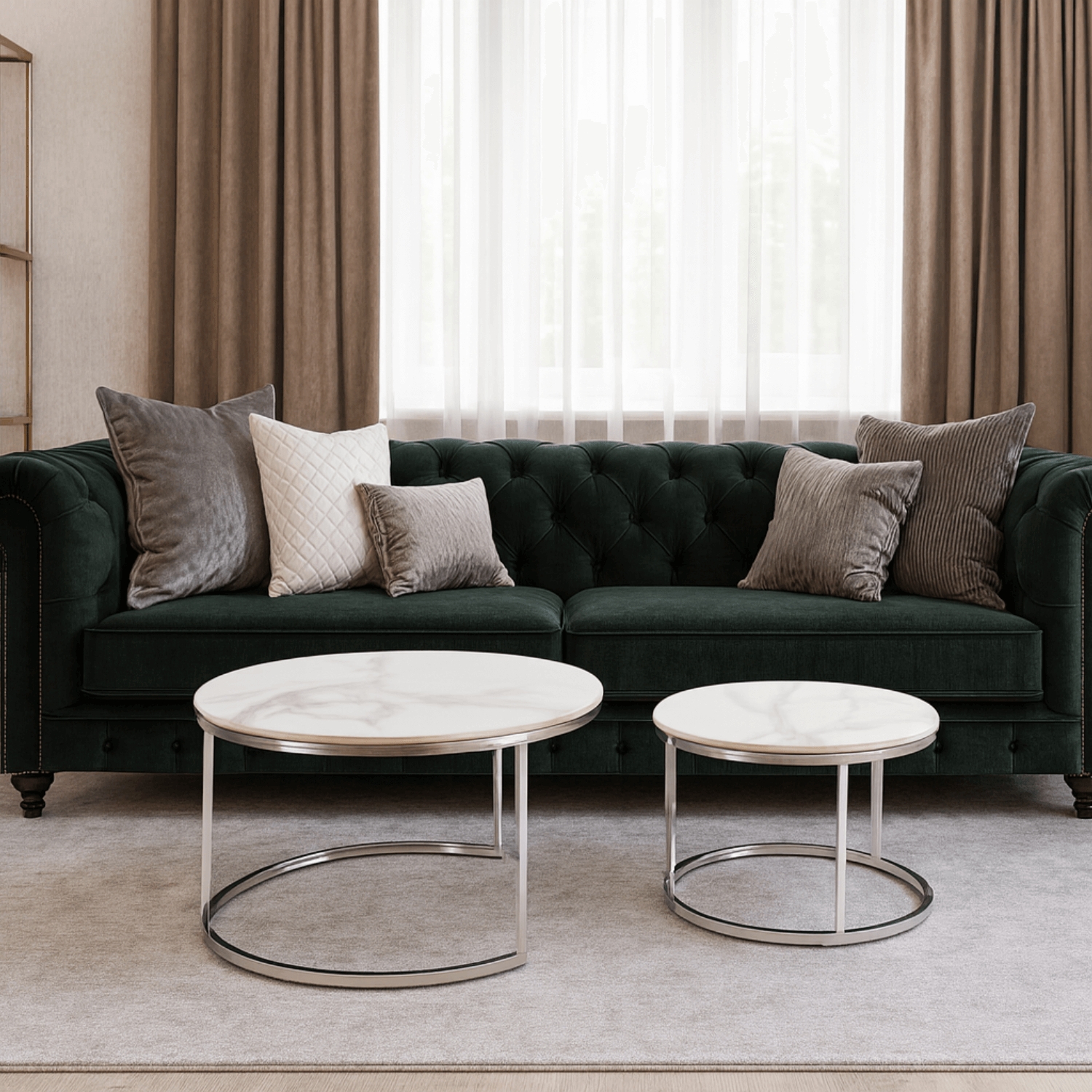 Zestaw Stolików Kawowych AMARA MAX 60 cm/80 cm Biały Marmur/Srebrny Glamour ME.MAXAMARA/BM/SR/CER/L