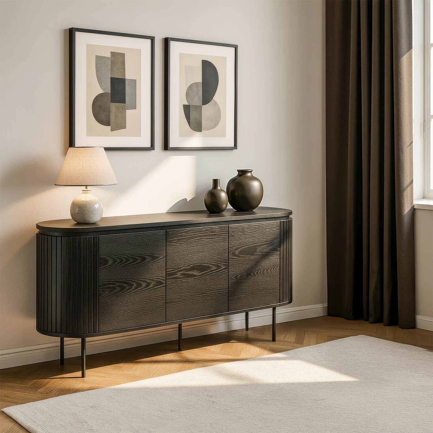 Komoda do Salonu BECK 160 cm Czarna Trzydrzwiowa Ryflowana Nowoczesna ME.BECK/CZ/KOM160