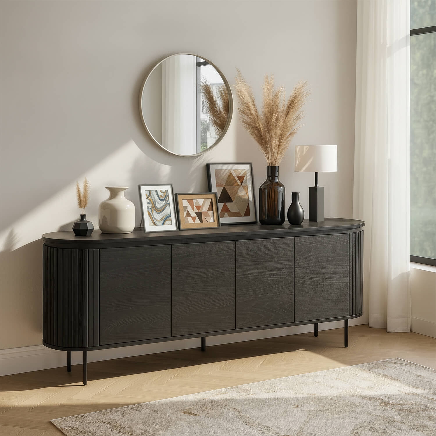 Komoda do Salonu BECK 200 cm Czarna Czterodrzwiowa Ryflowana Nowoczesna ME.BECK/CZ/KOM200