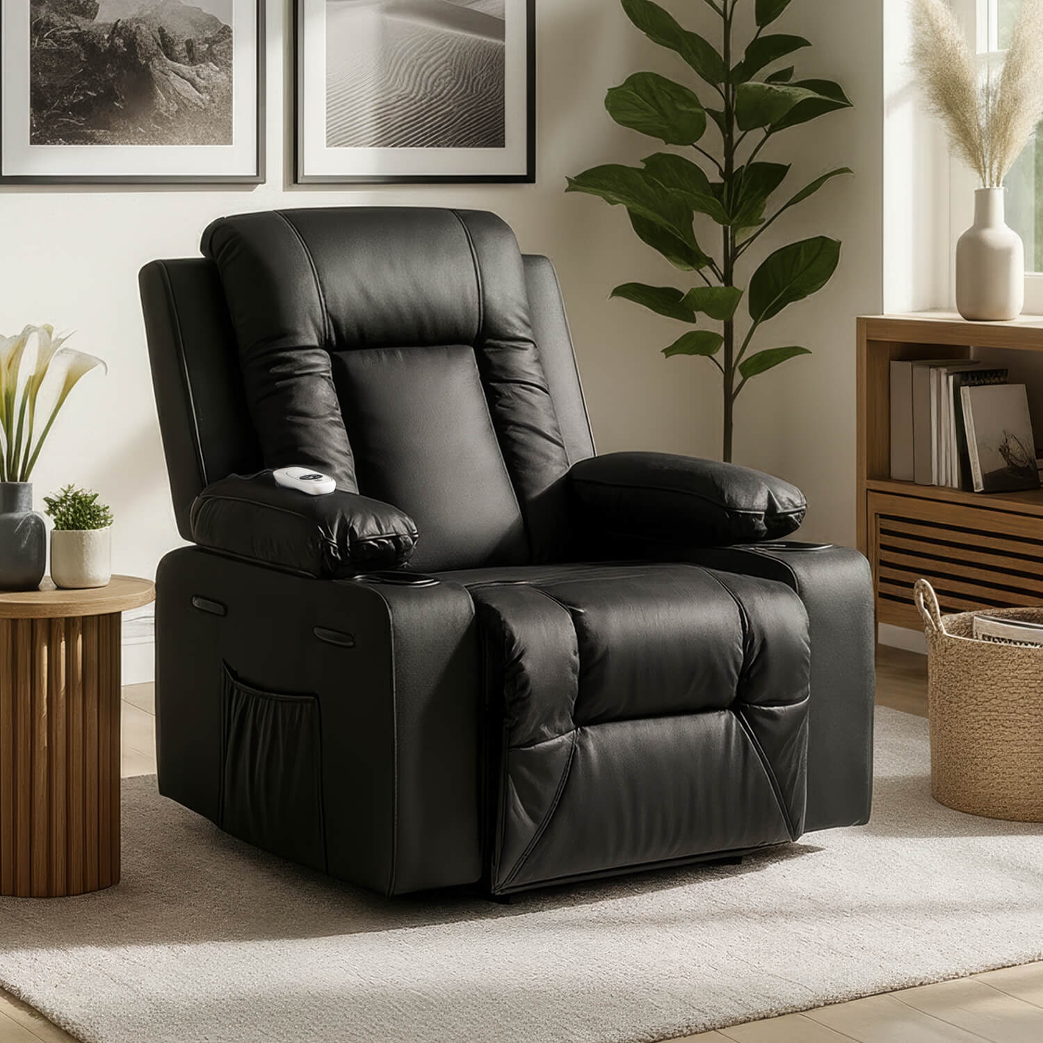 Fotel Masujący BOX Rozkładany Wypoczynkowy z Podnóżkiem Czarny Ekoskóra Nowoczesny ME.BOX/CZ/E/FW